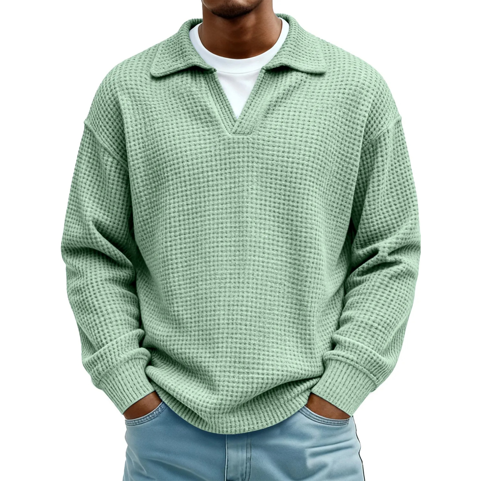 Men's Waffle Knit Long Sleeve Polo Sweater