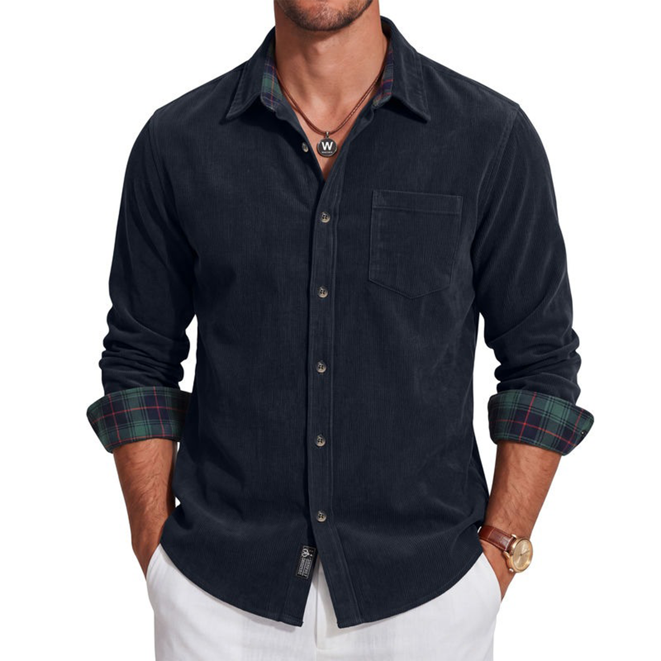 Men's Corduroy Button-Up Shirt with Plaid Trim