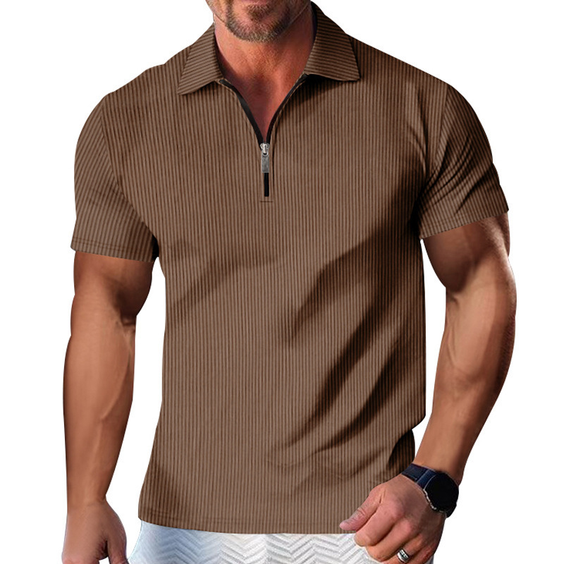 Men's Casual Striped Zip Short Sleeve Polo Shirt