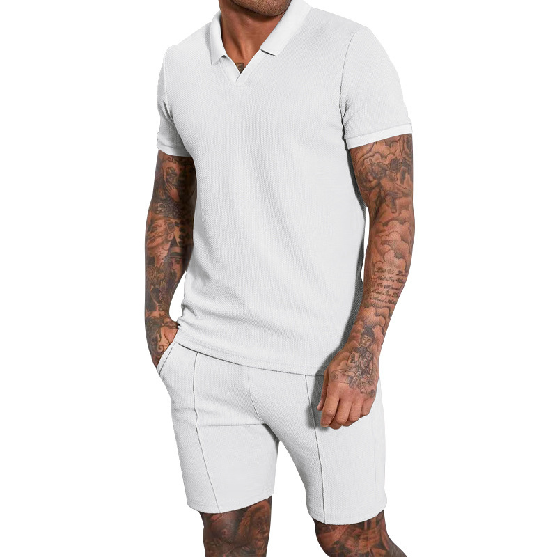 Men's Waffle Knit V-neck Short Sleeve Two Piece Set