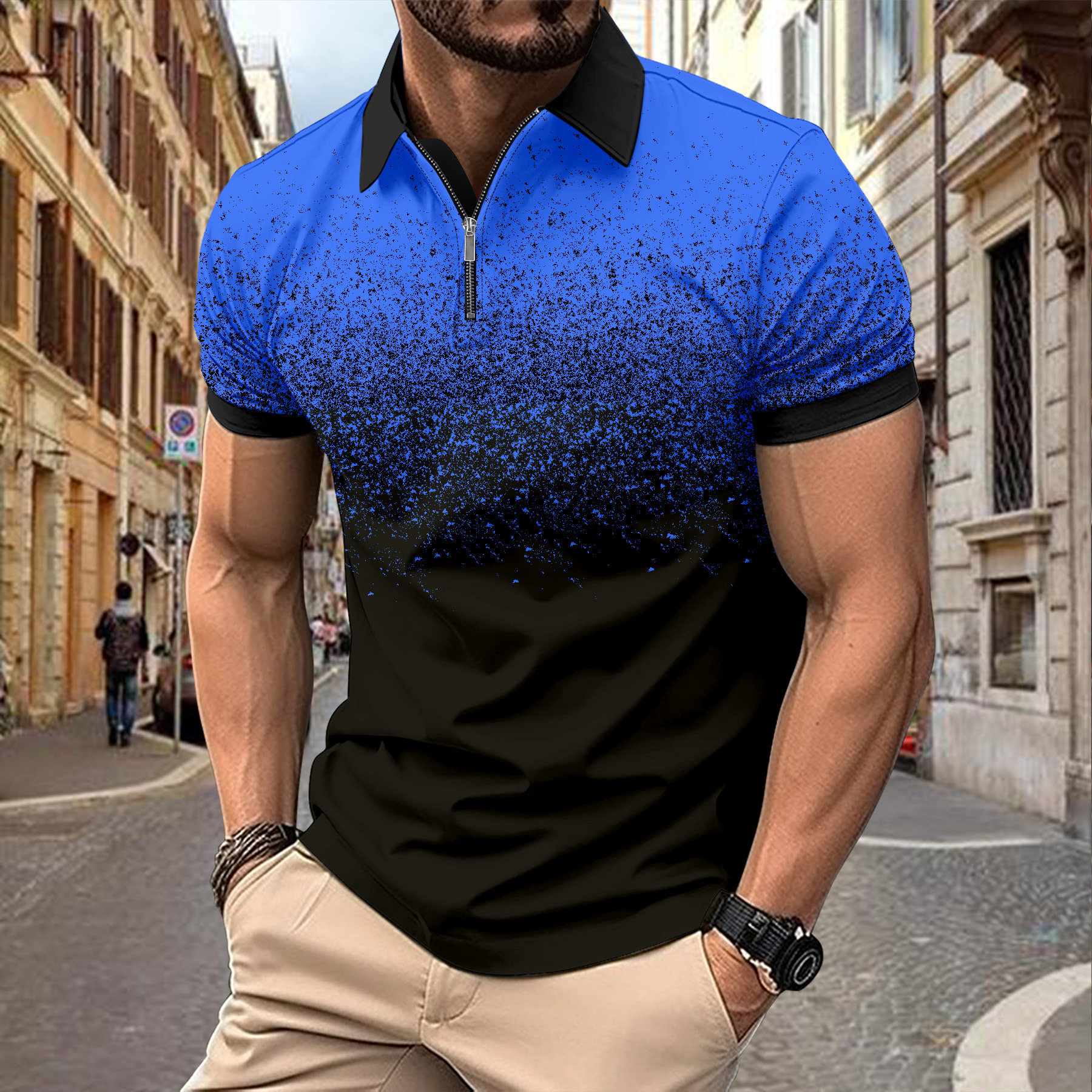 Men's Gradient Printed Zipper Short Sleeve Polo Shirt