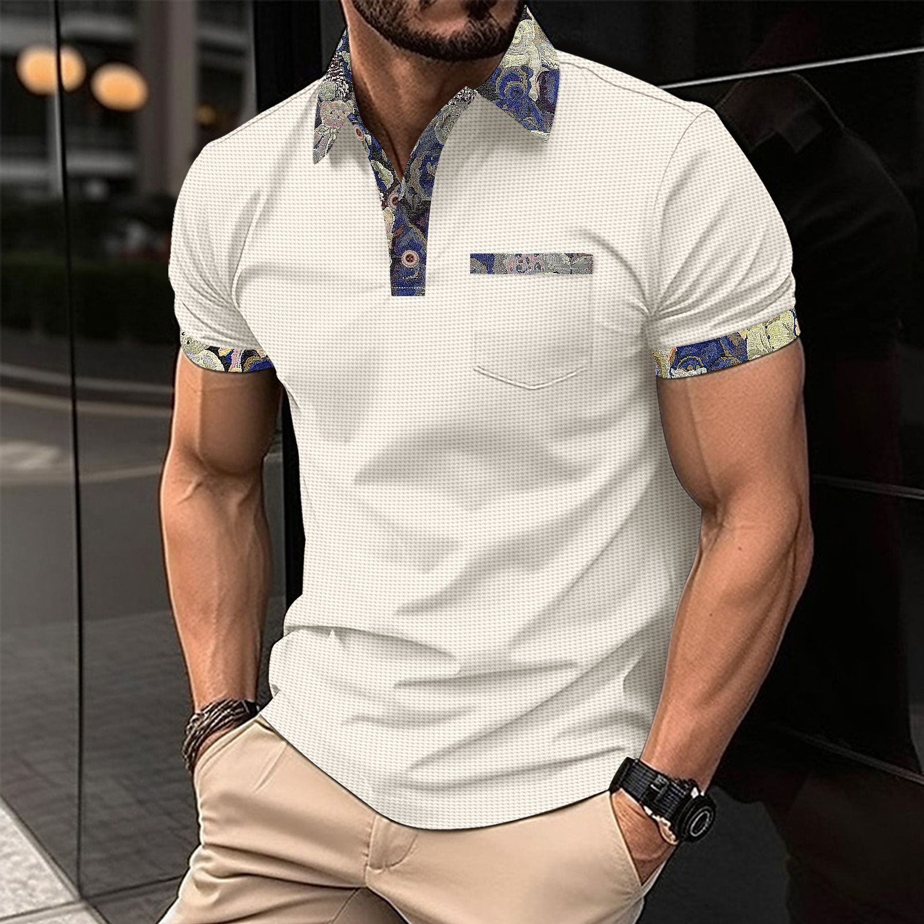 Men's Color Block Waffle Knit Pocket Short Sleeve Casual T-Shirt