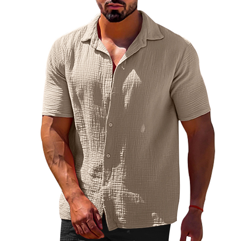 Men's Short Sleeve Button-Up Linen Shirt with Turn-Down Collar