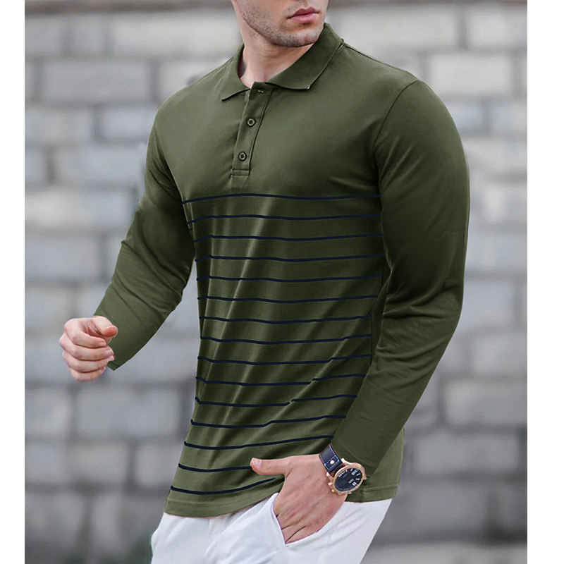 Autumn Winter Long-Sleeve Polo Shirt for Men, Striped Print Turn-Down Collar