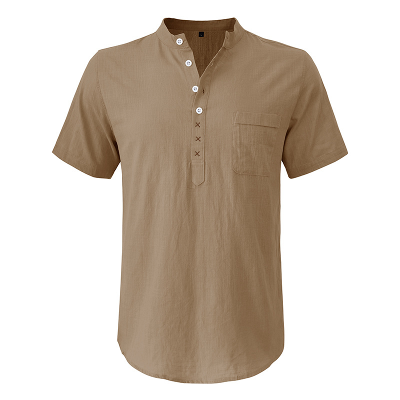 Men's Hawaiian Short Sleeve Beach Shirt Henley Cotton Linen Shirt