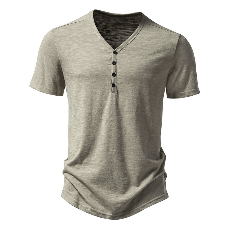Men's V-Neck Button-Up- Classic Cotton Blend Short Sleeve Tee T-Shirt