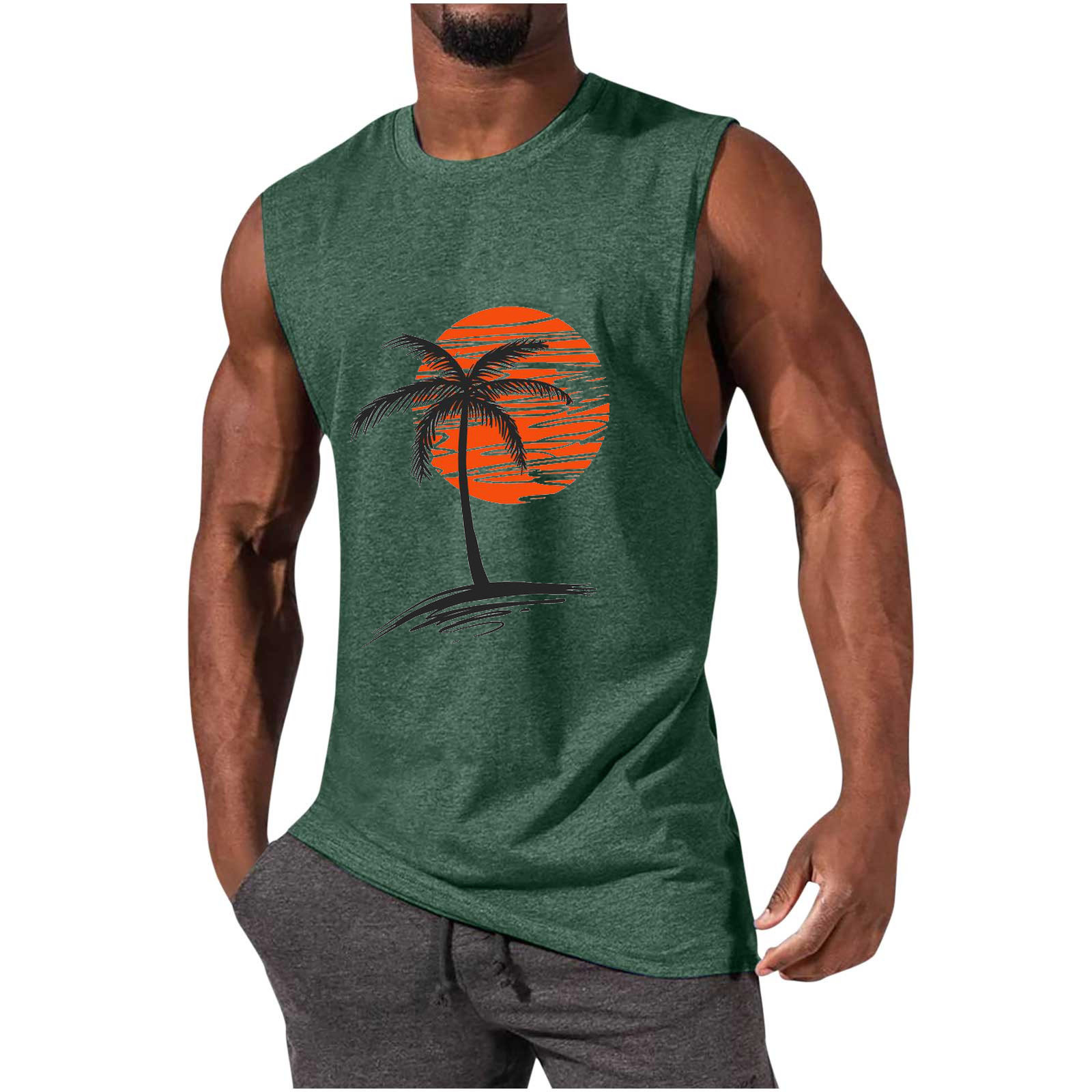 Men's Sleeveless Muscle Tank Top with Coconut Tree Print - Athletic and Casual Style