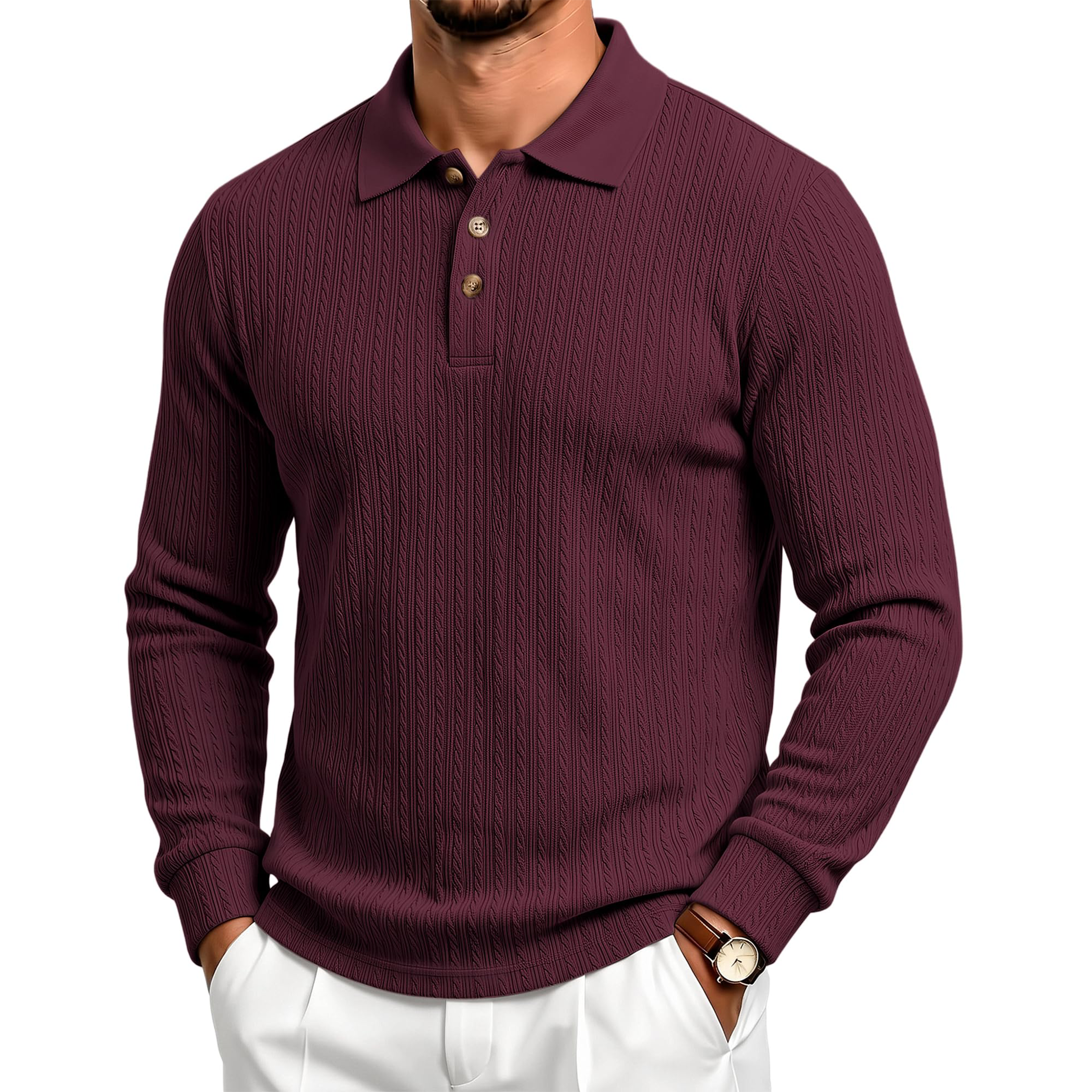 Men's Textured Jacquard Long Sleeve Polo Shirt