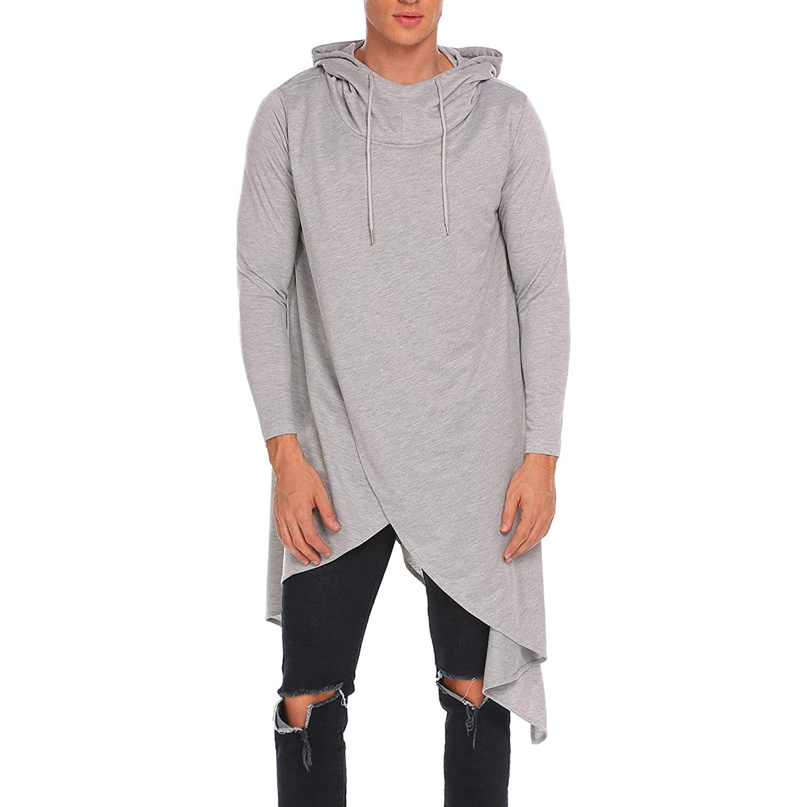 Men Plus Solid Drawstring Hooded Asymmetrical Hem Longline Sweatshirt