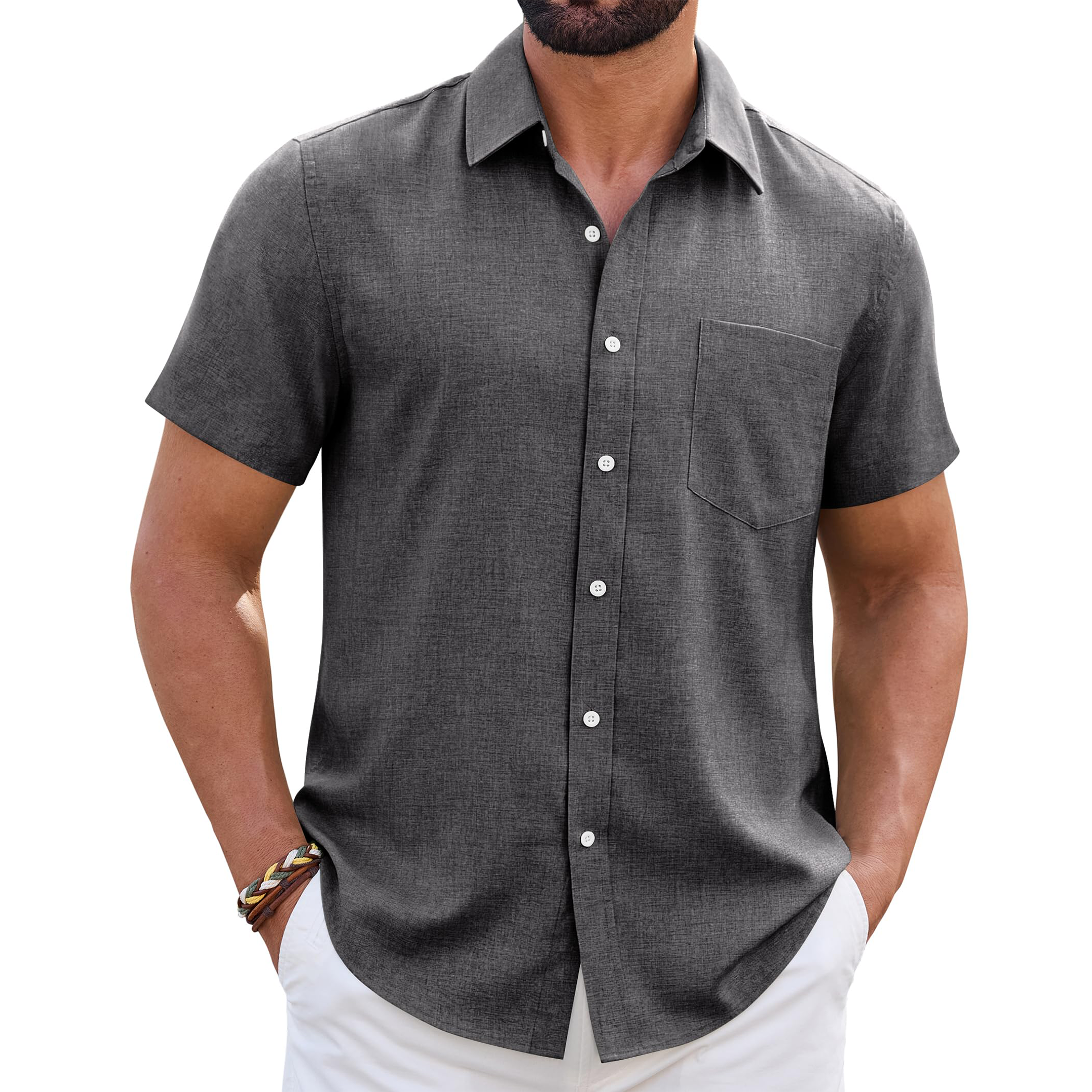 Men's Linen Short Sleeve Shirt with Chest Pocket