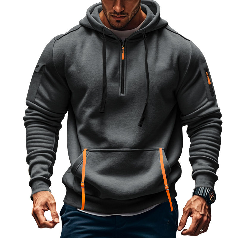 Men’s Fleece-Lined Hoodie with Zipper - Multi-Pocket Pullover Sports Jacket