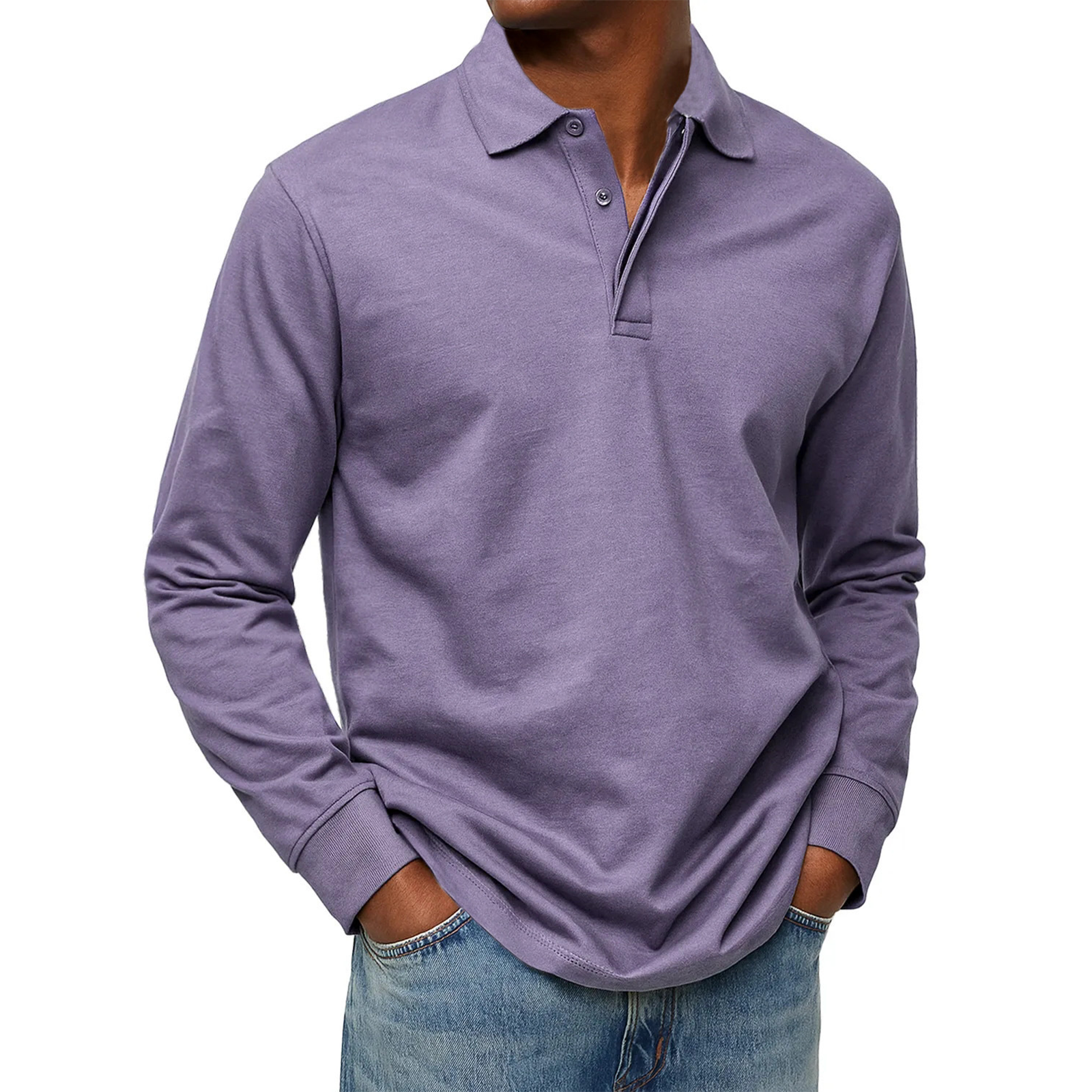 Men's Solid Color Long Sleeve Button Polo Shirt