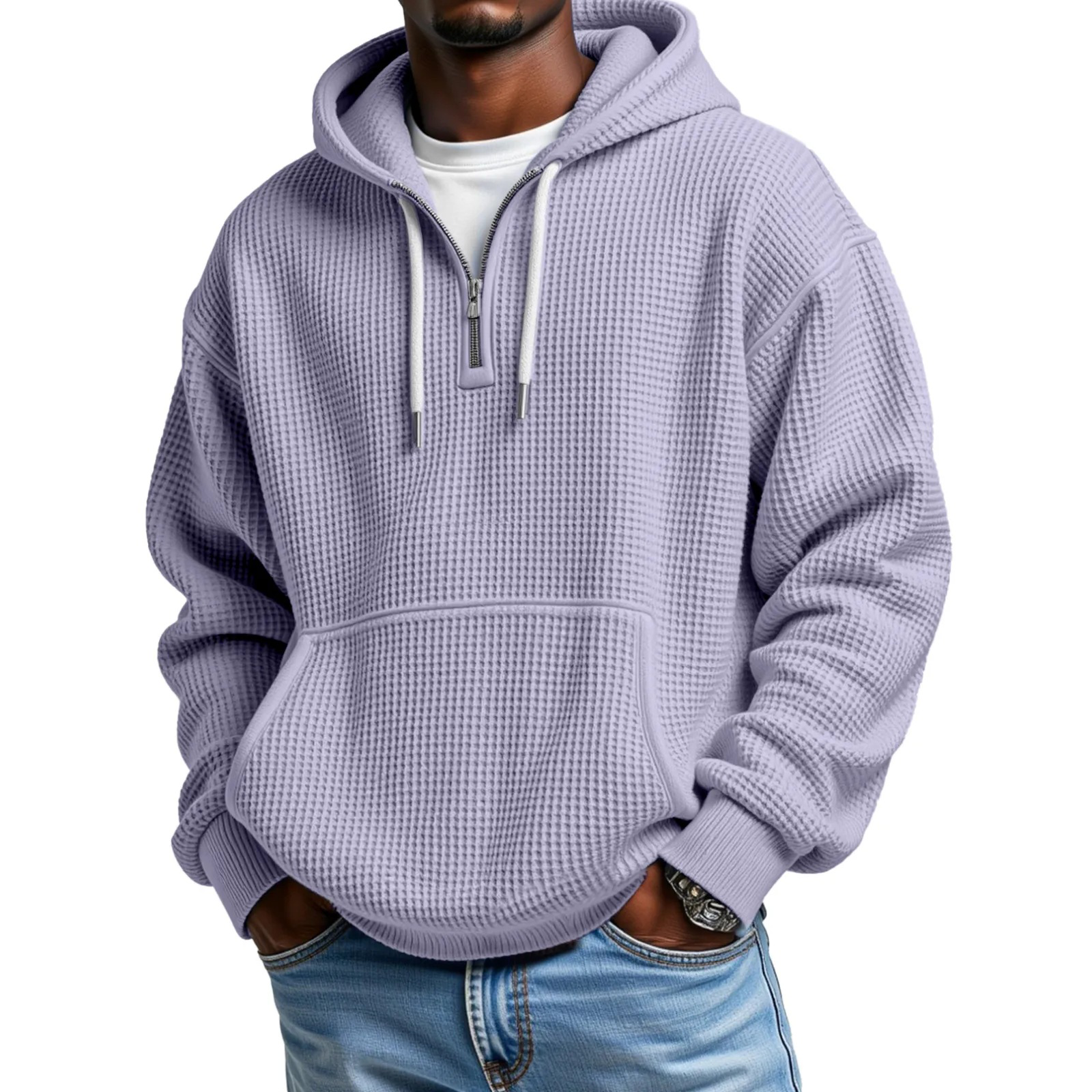 Men's Waffle Knit Long Sleeve Pullover Hoodie