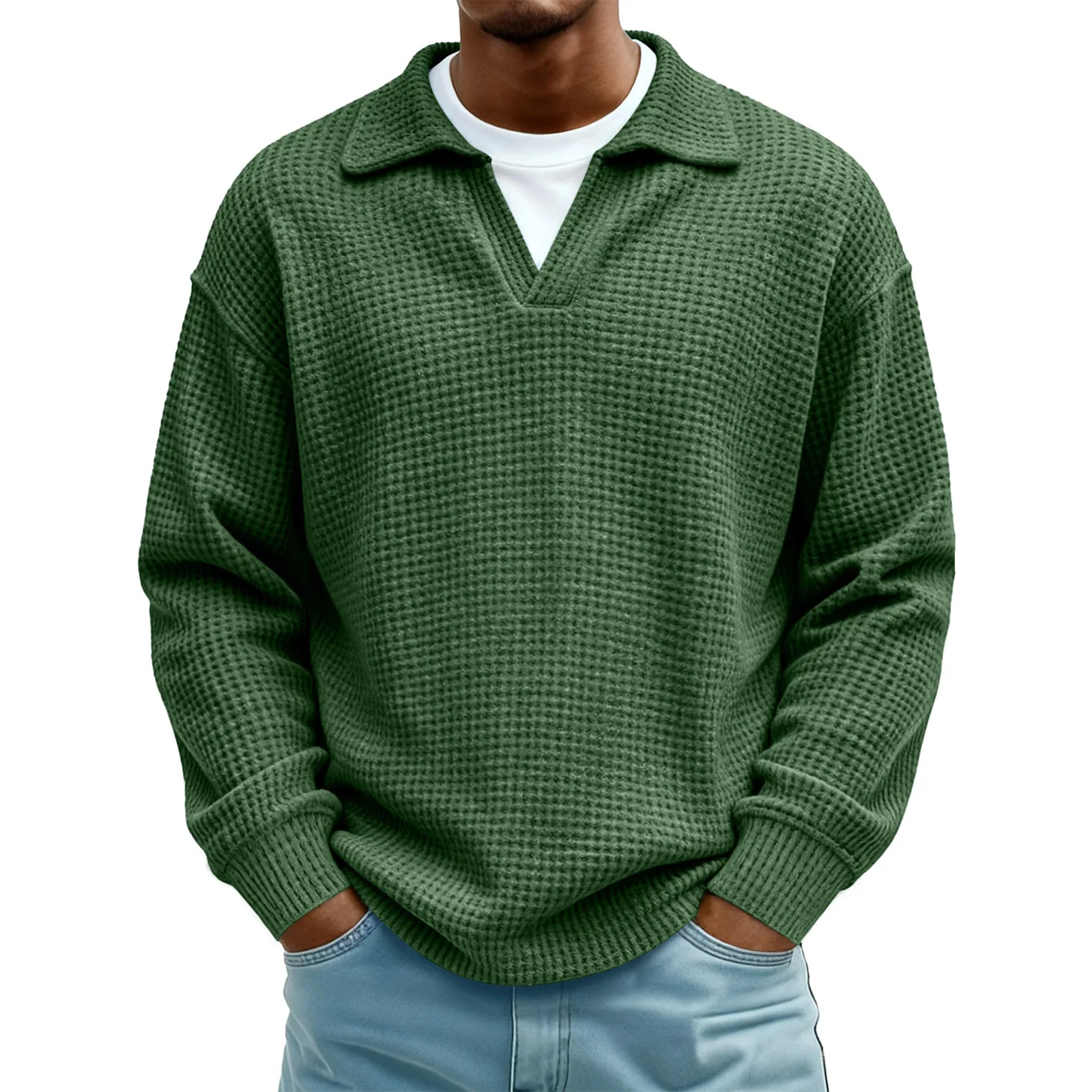 Men's Waffle Knit Long Sleeve Polo Sweater