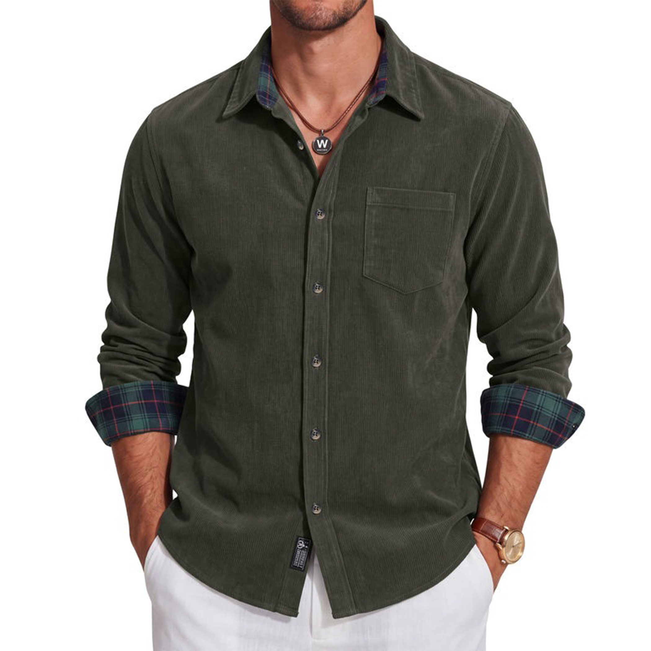 Men's Corduroy Button-Up Shirt with Plaid Trim