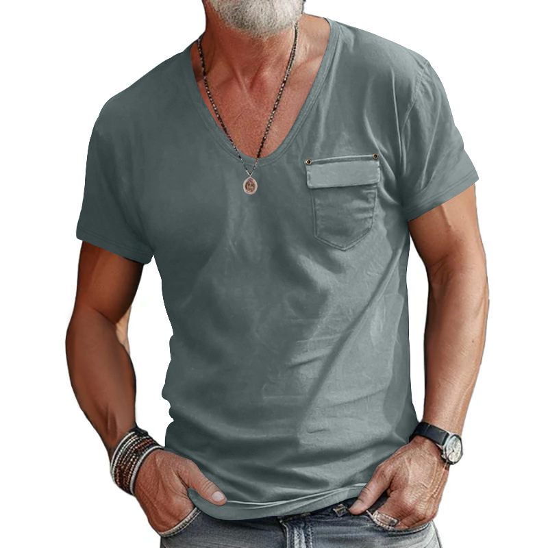 Men's Solid Color U-neck Short Sleeve T-shirt