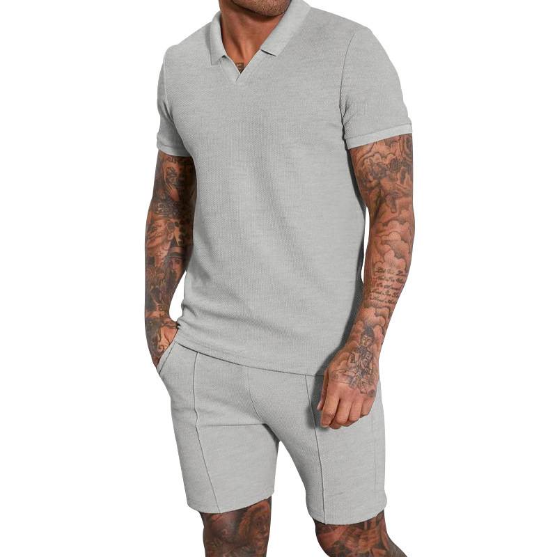 Men's Waffle Knit V-neck Short Sleeve Two Piece Set