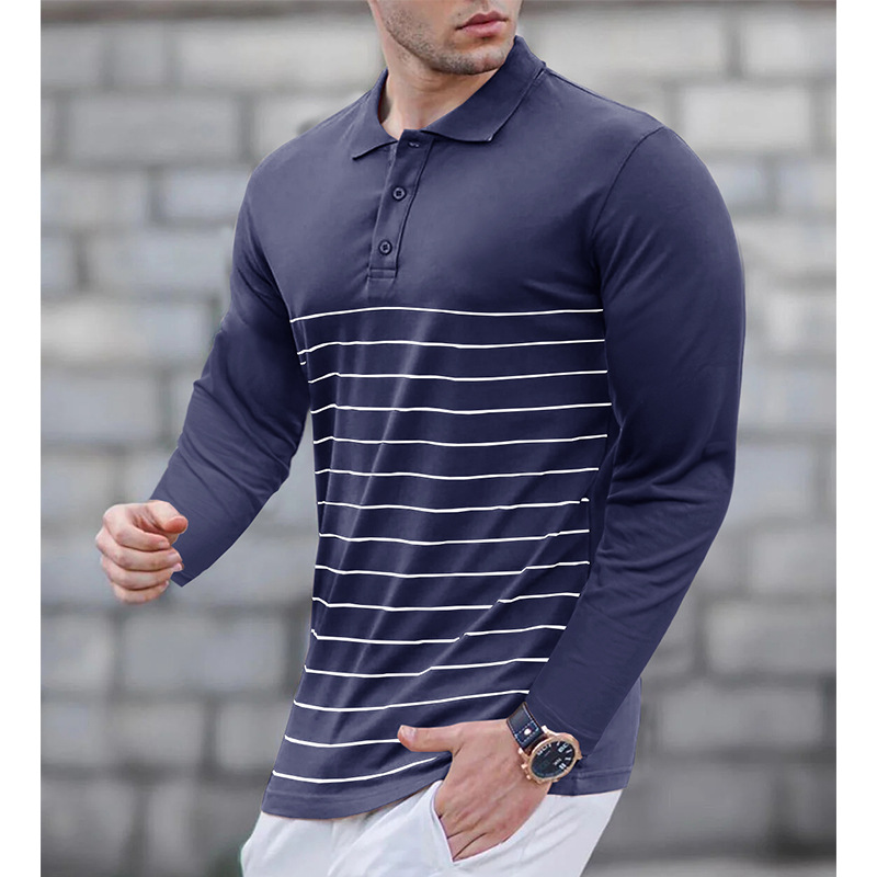 Autumn Winter Long-Sleeve Polo Shirt for Men, Striped Print Turn-Down Collar