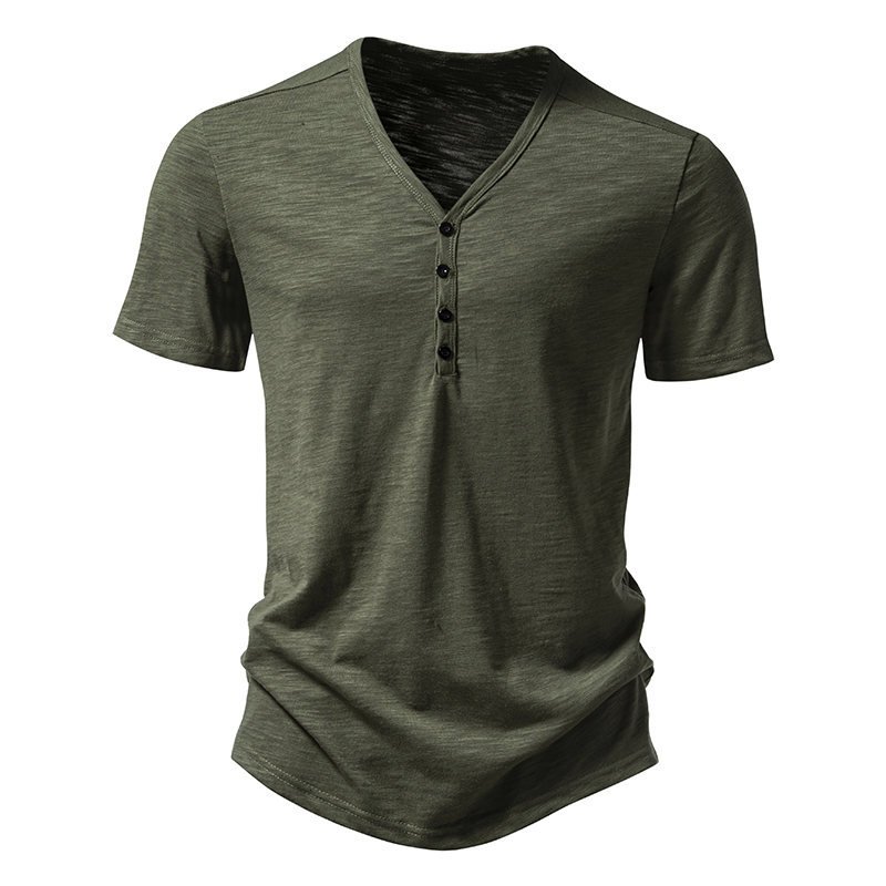 Men's V-Neck Button-Up- Classic Cotton Blend Short Sleeve Tee T-Shirt
