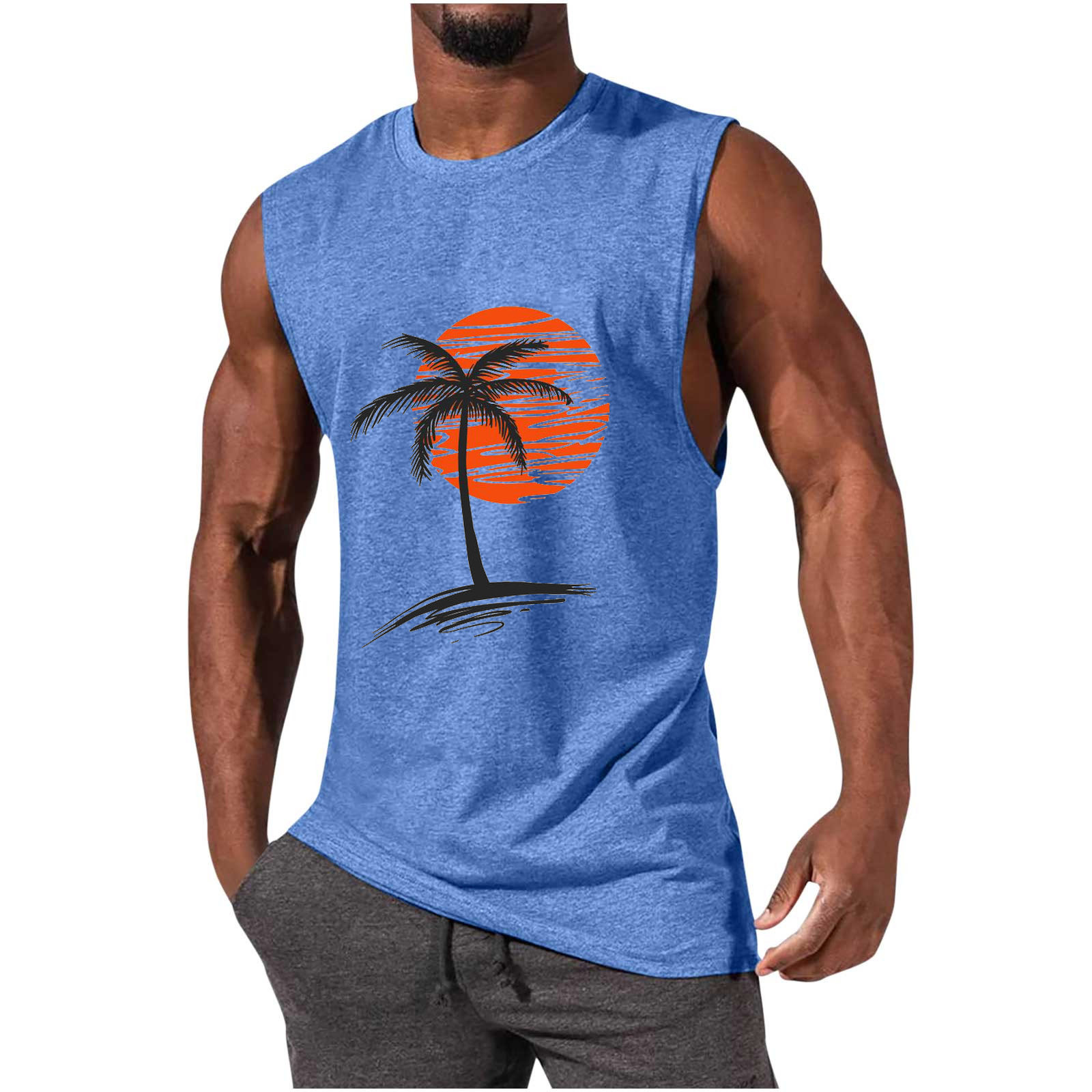 Men's Sleeveless Muscle Tank Top with Coconut Tree Print - Athletic and Casual Style