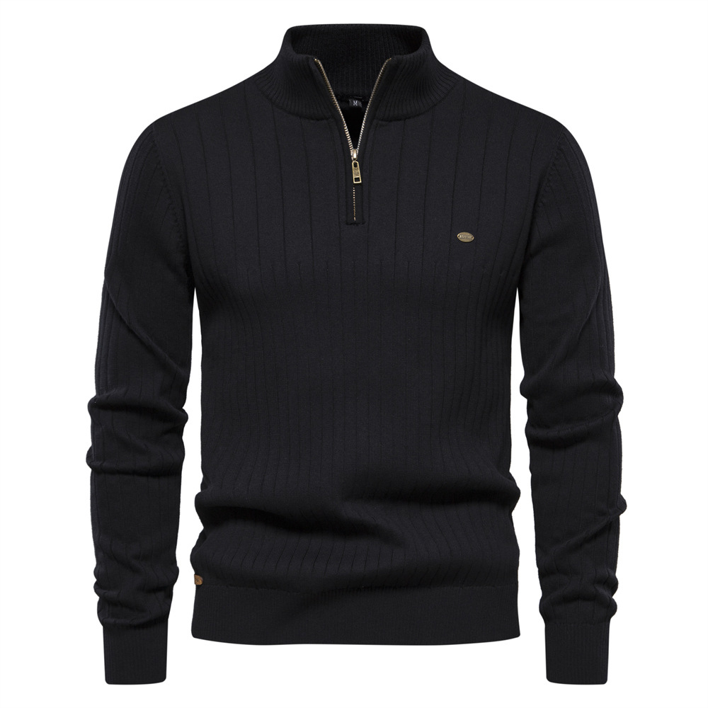Men's Casual Cotton Half Zipper Stand Collar Pullover Sweater