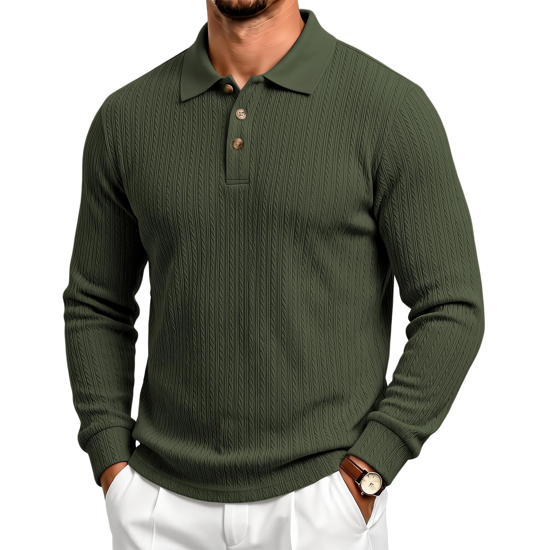 Men's Textured Jacquard Long Sleeve Polo Shirt