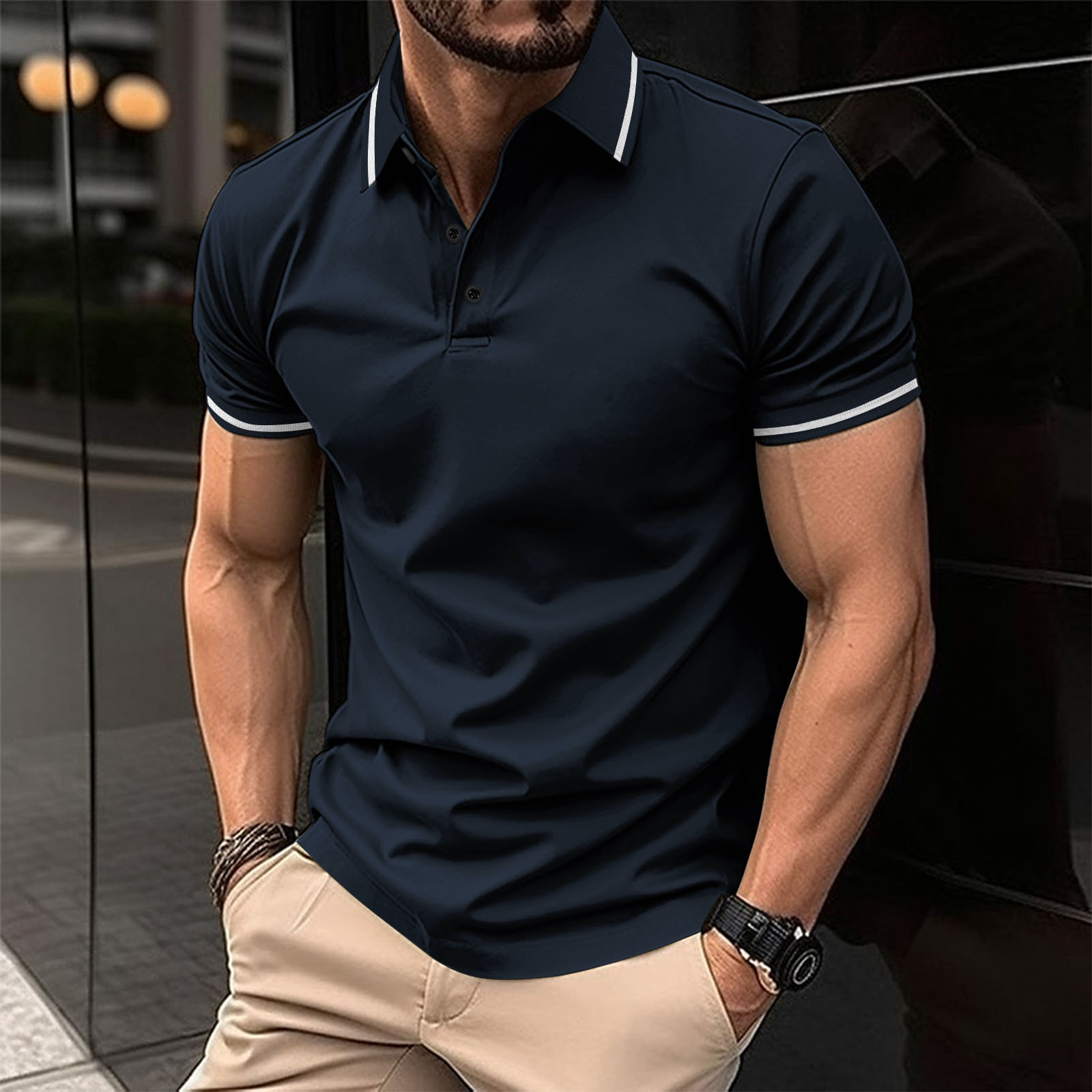 Men's Solid Color Buttoned Ribbed Collar Short Sleeve Polo Shirt