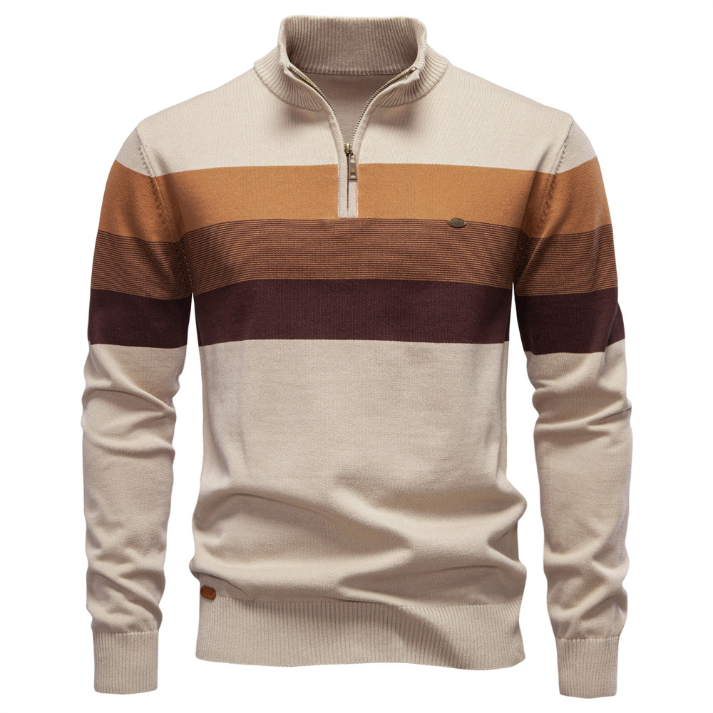 Men's Contrast Striped Half-Zip Stand Collar Sweater