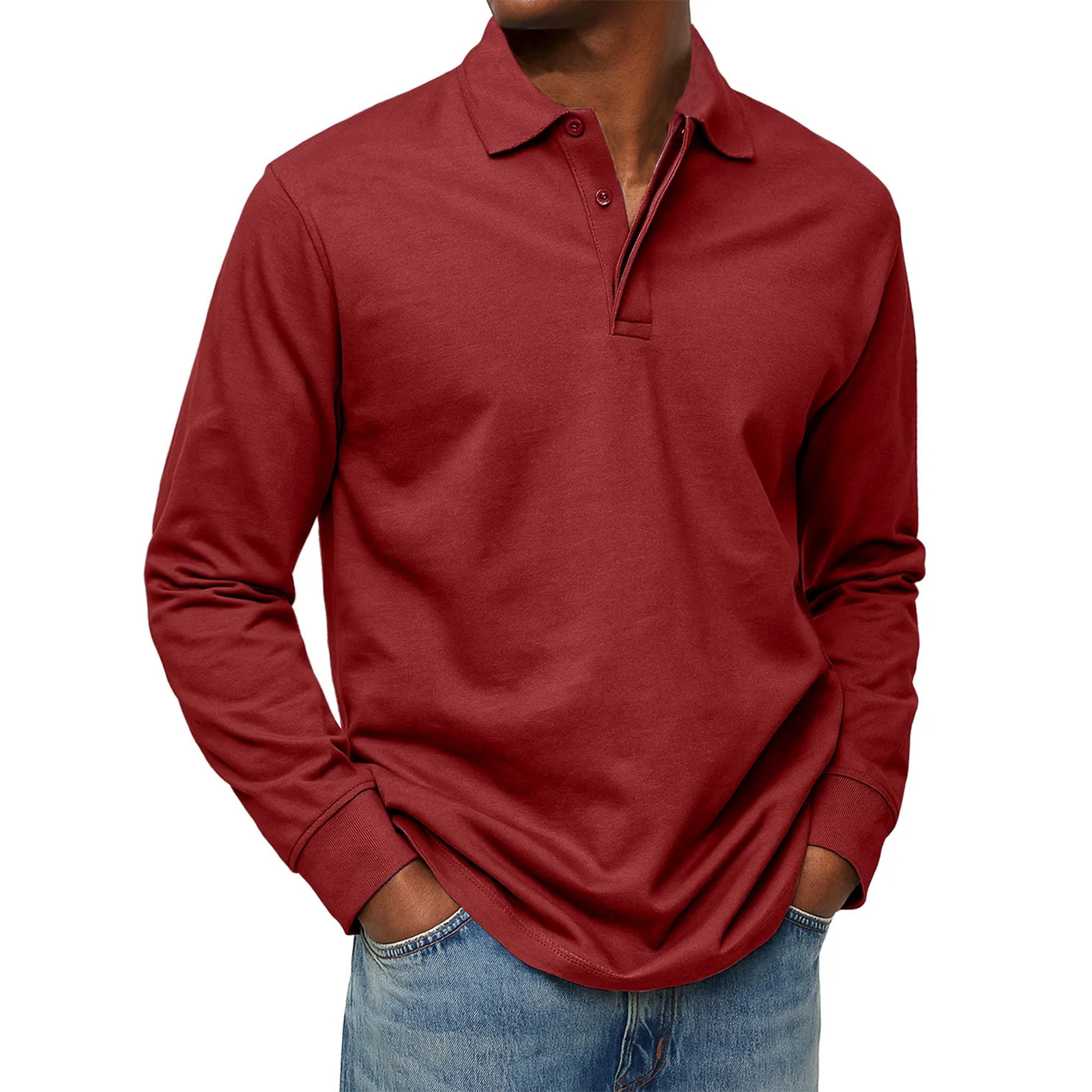 Men's Solid Color Long Sleeve Button Polo Shirt