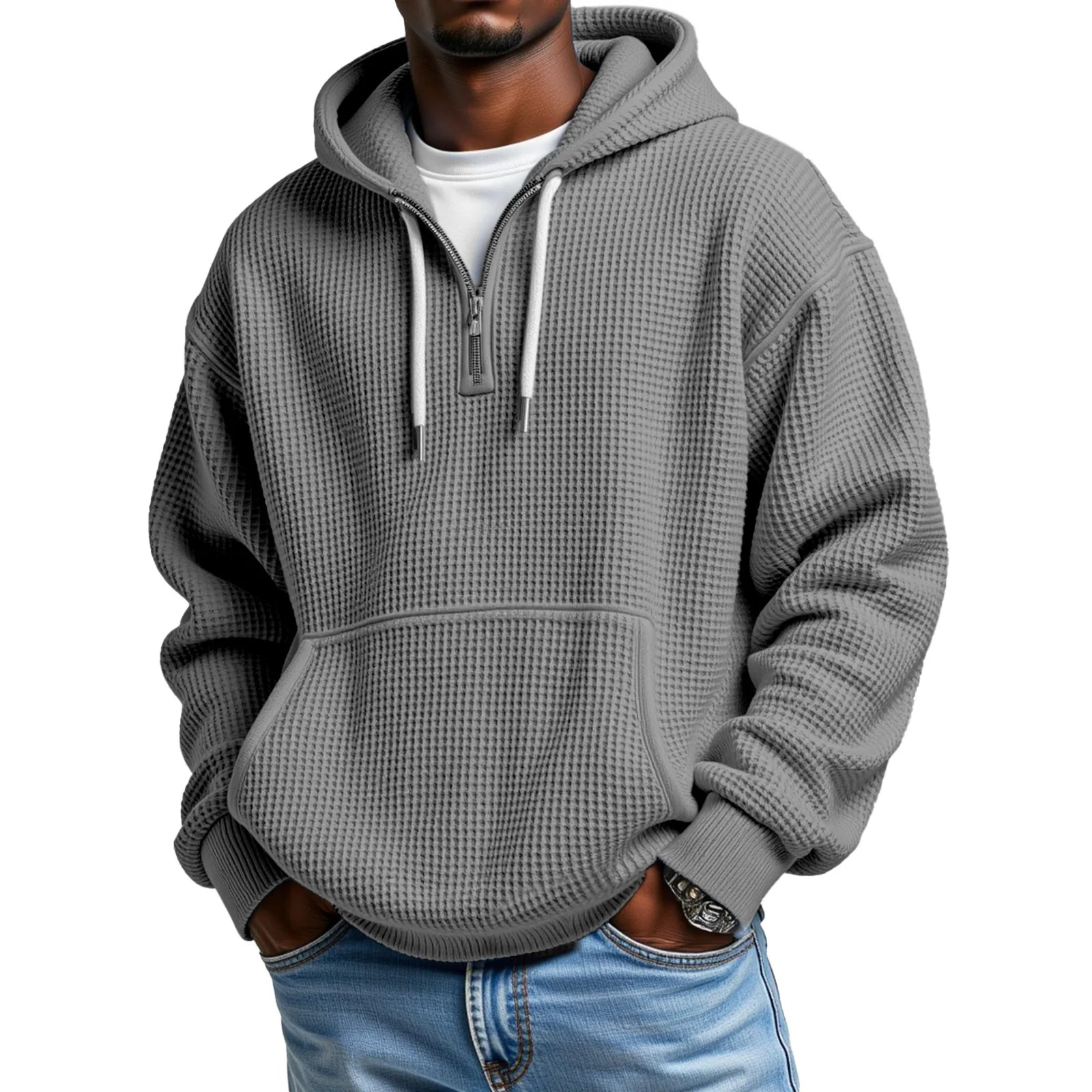 Men's Waffle Knit Long Sleeve Pullover Hoodie