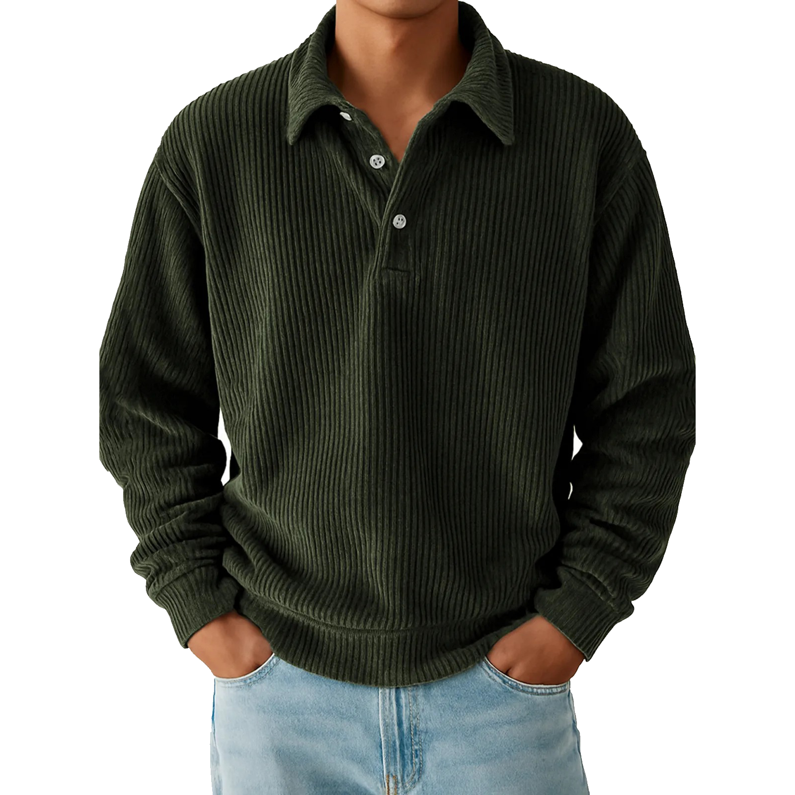Men's Corduroy Textured Long Sleeve Polo Shirt