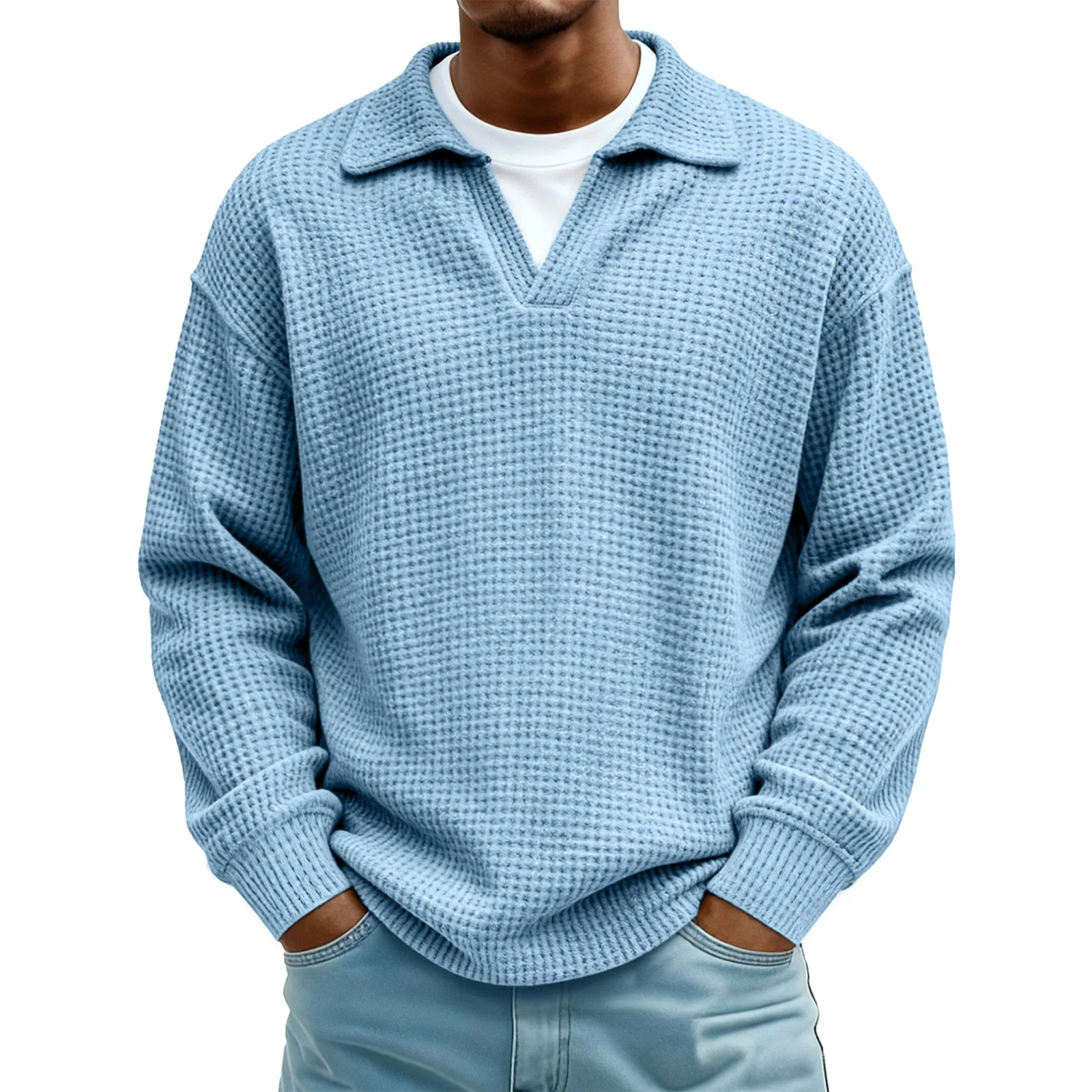 Men's Waffle Knit Long Sleeve Polo Sweater