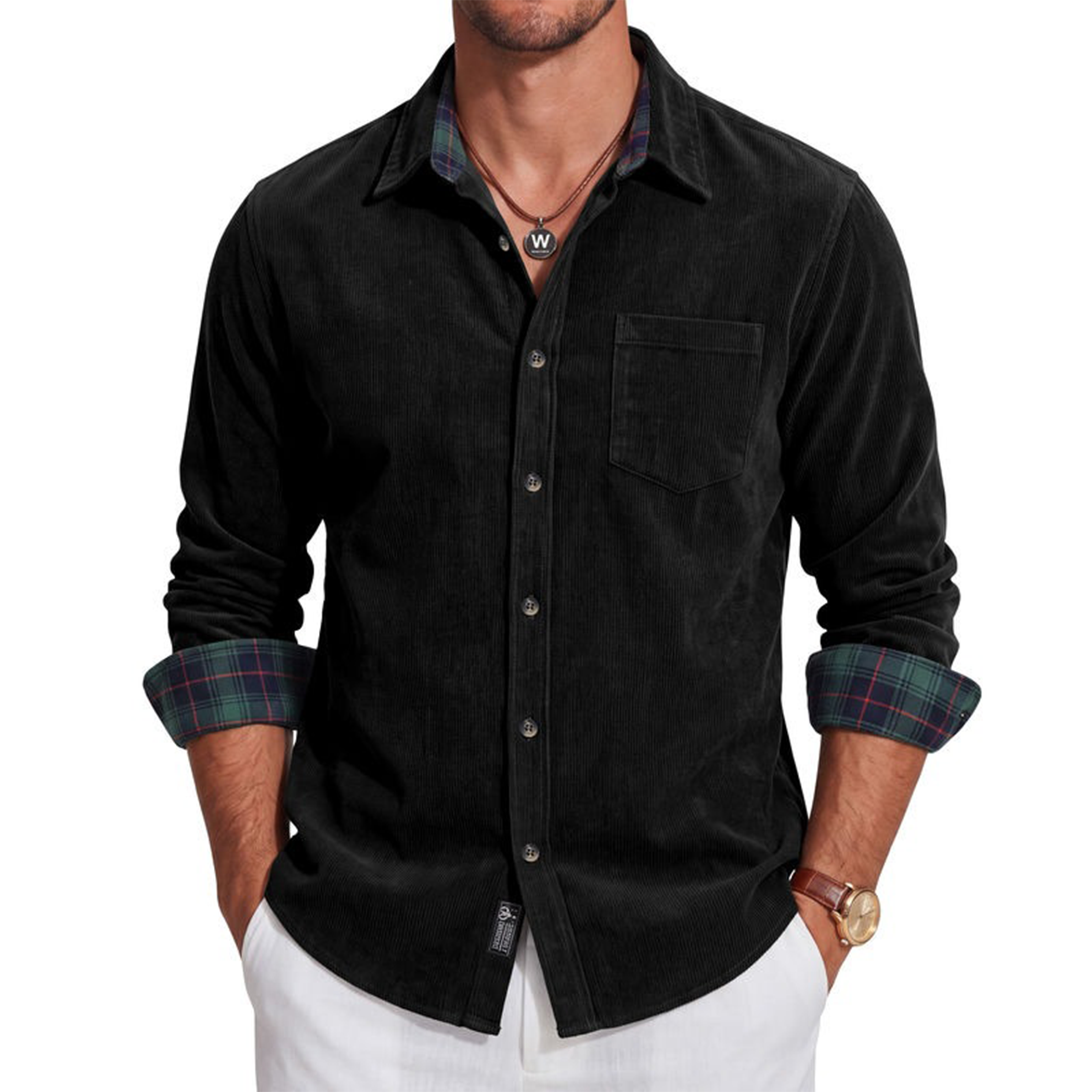 Men's Corduroy Button-Up Shirt with Plaid Trim