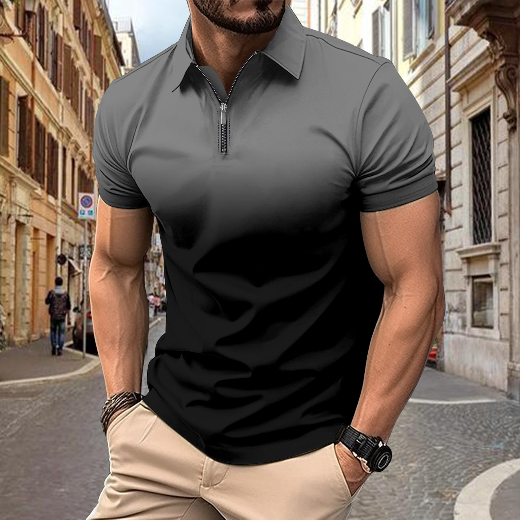 Men's Gradient Printed Zipper Short Sleeve Polo Shirt