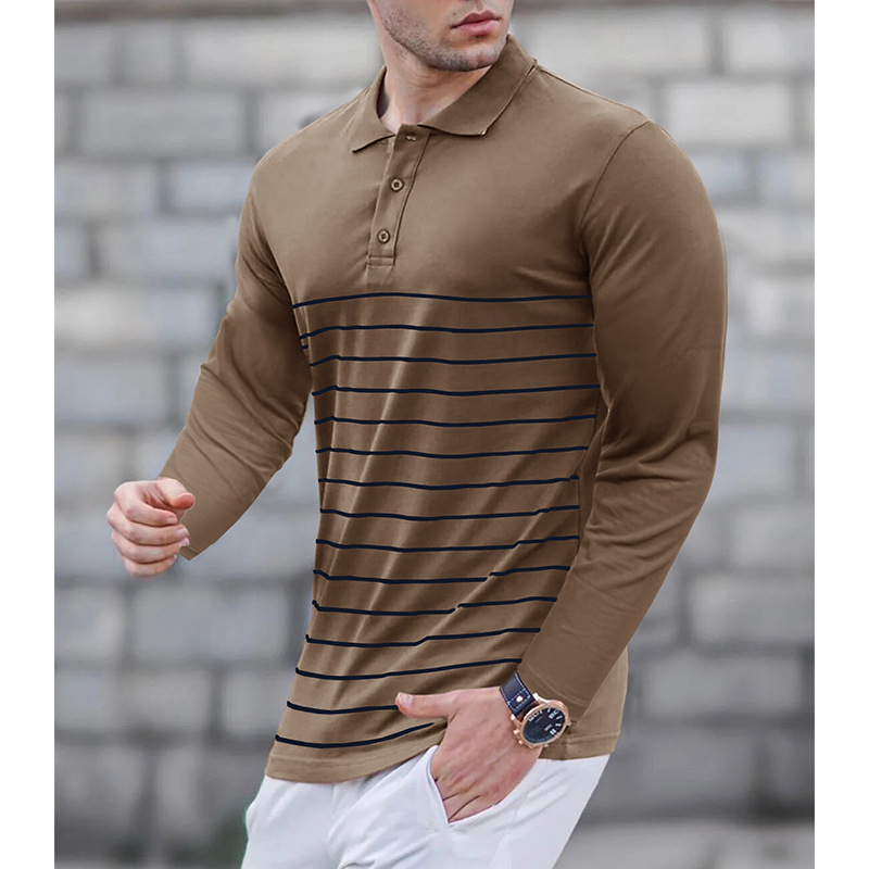 Autumn Winter Long-Sleeve Polo Shirt for Men, Striped Print Turn-Down Collar