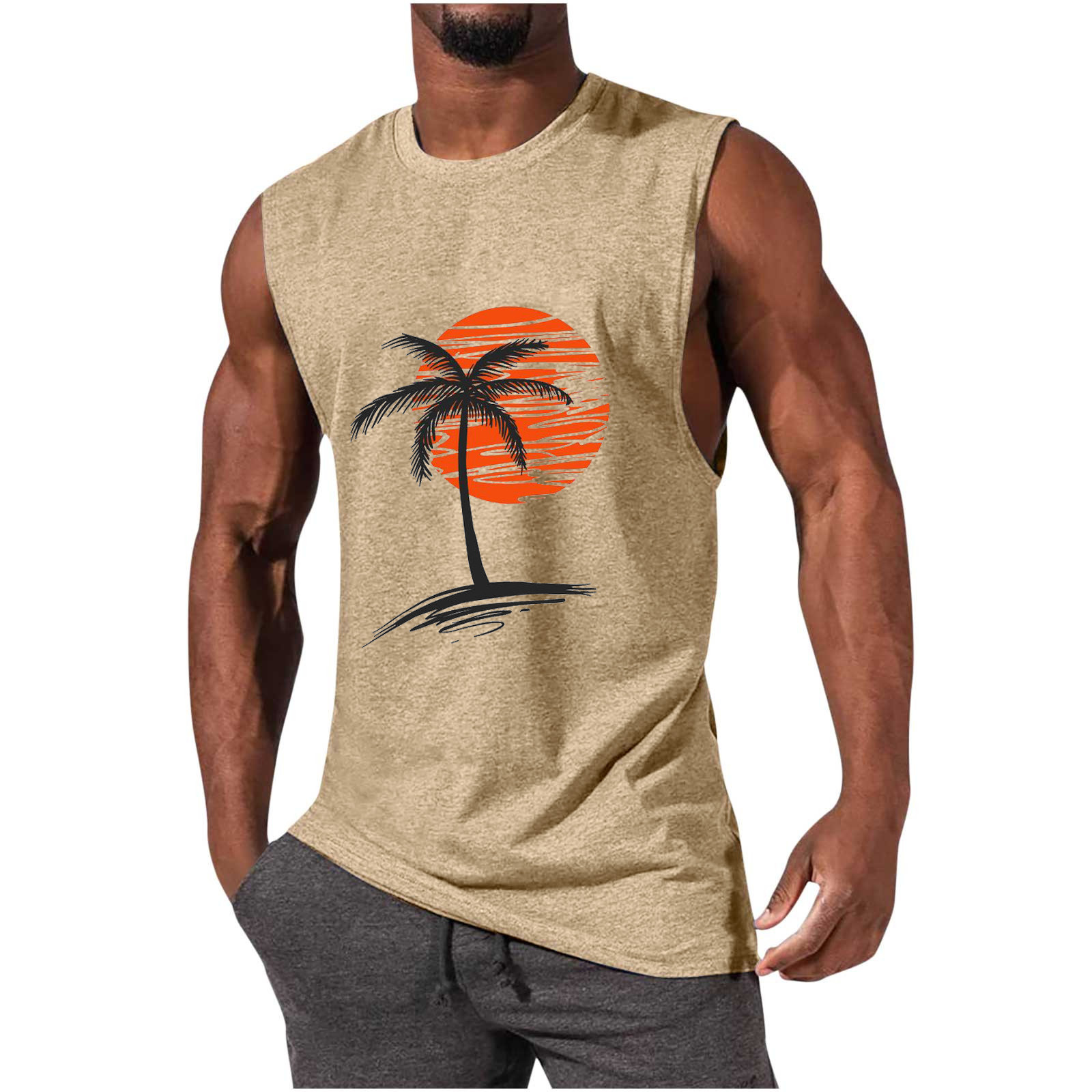 Men's Sleeveless Muscle Tank Top with Coconut Tree Print - Athletic and Casual Style