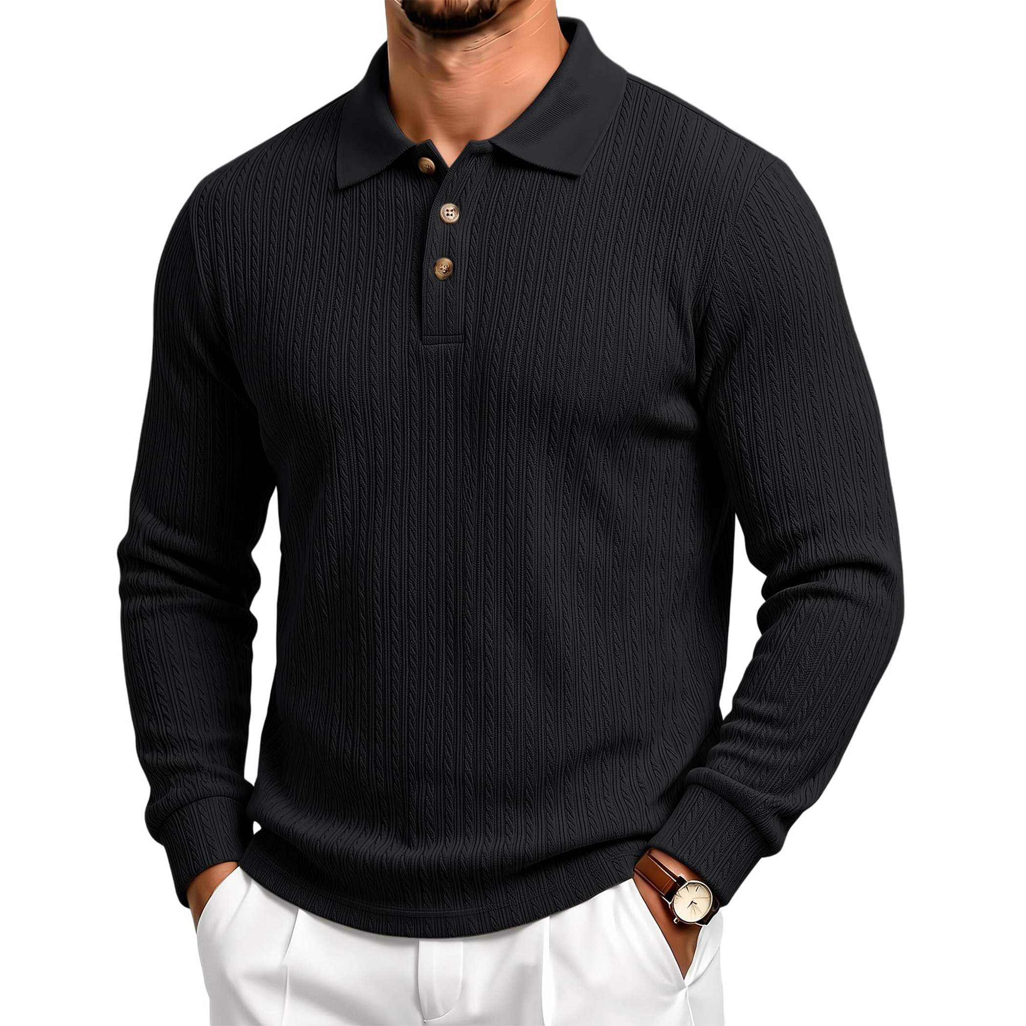 Men's Textured Jacquard Long Sleeve Polo Shirt