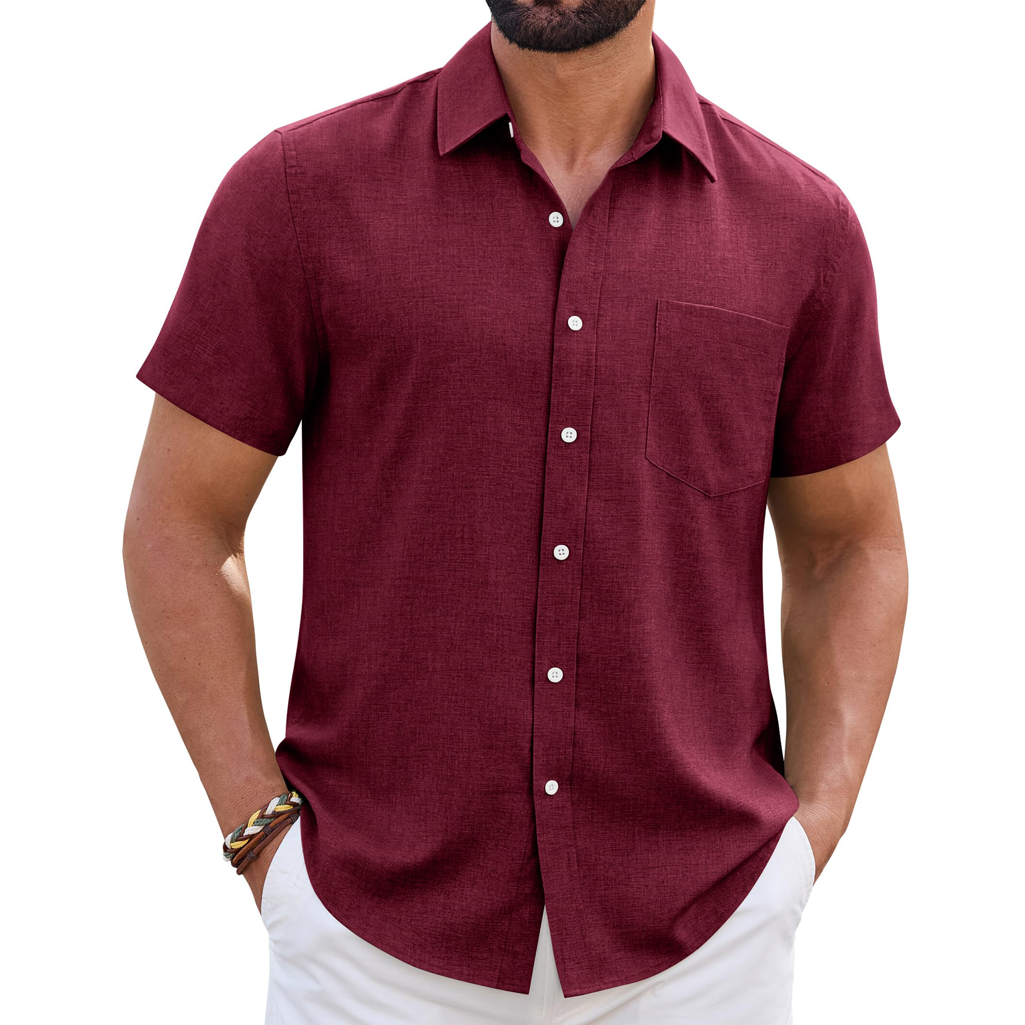 Men's Linen Short Sleeve Shirt with Chest Pocket