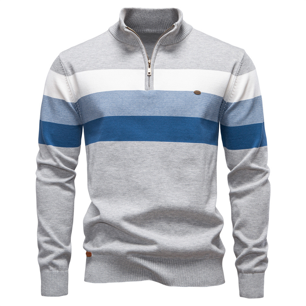 Men's Contrast Striped Half-Zip Stand Collar Sweater
