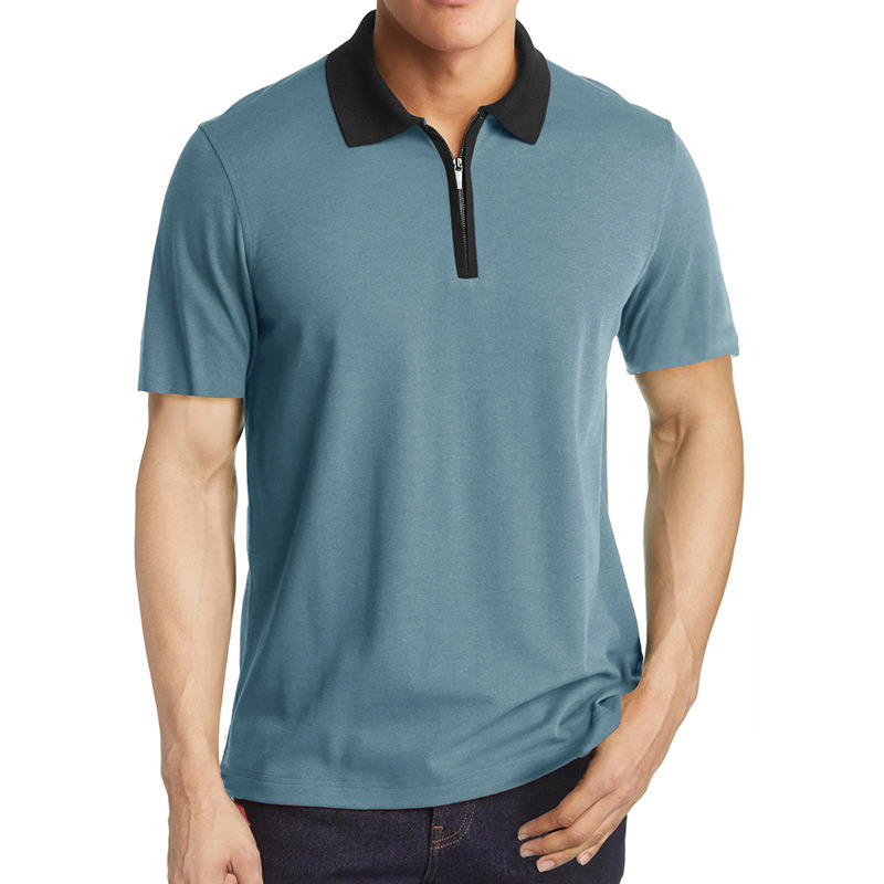 Men's Solid Color Half Zipper Short Sleeve Polo Shirt