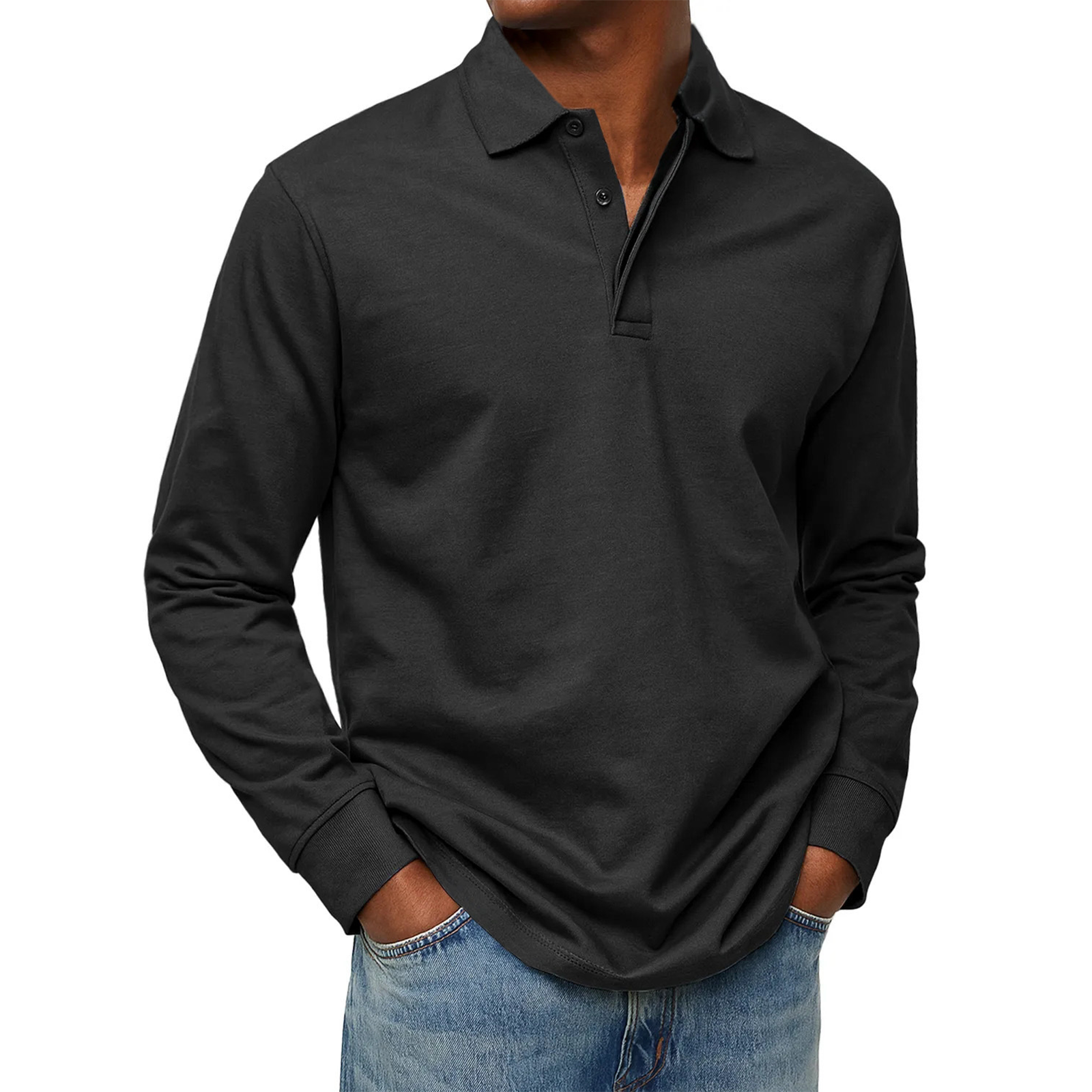 Men's Solid Color Long Sleeve Button Polo Shirt