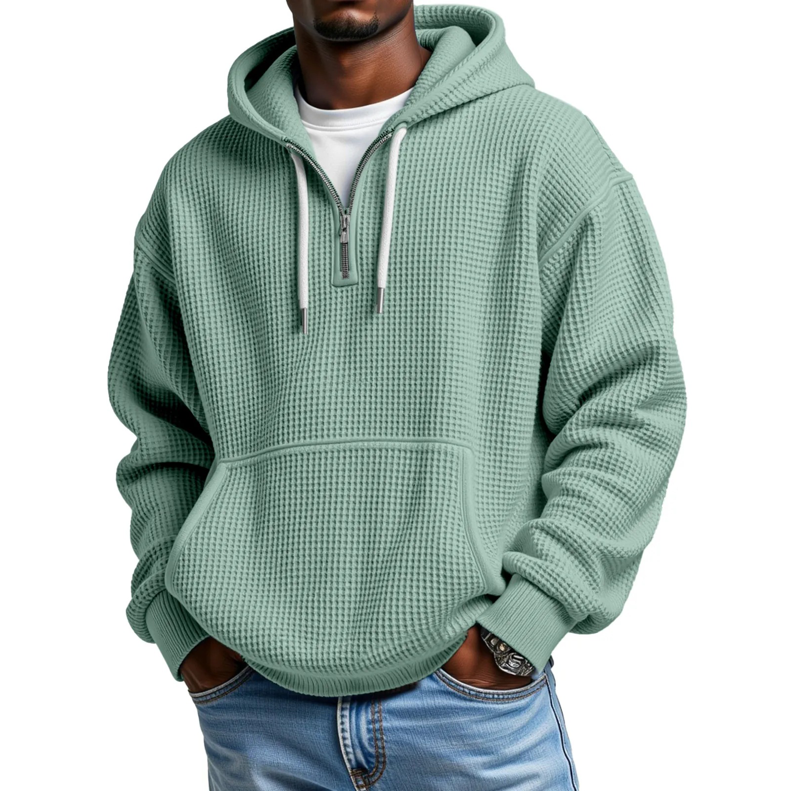 Men's Waffle Knit Long Sleeve Pullover Hoodie