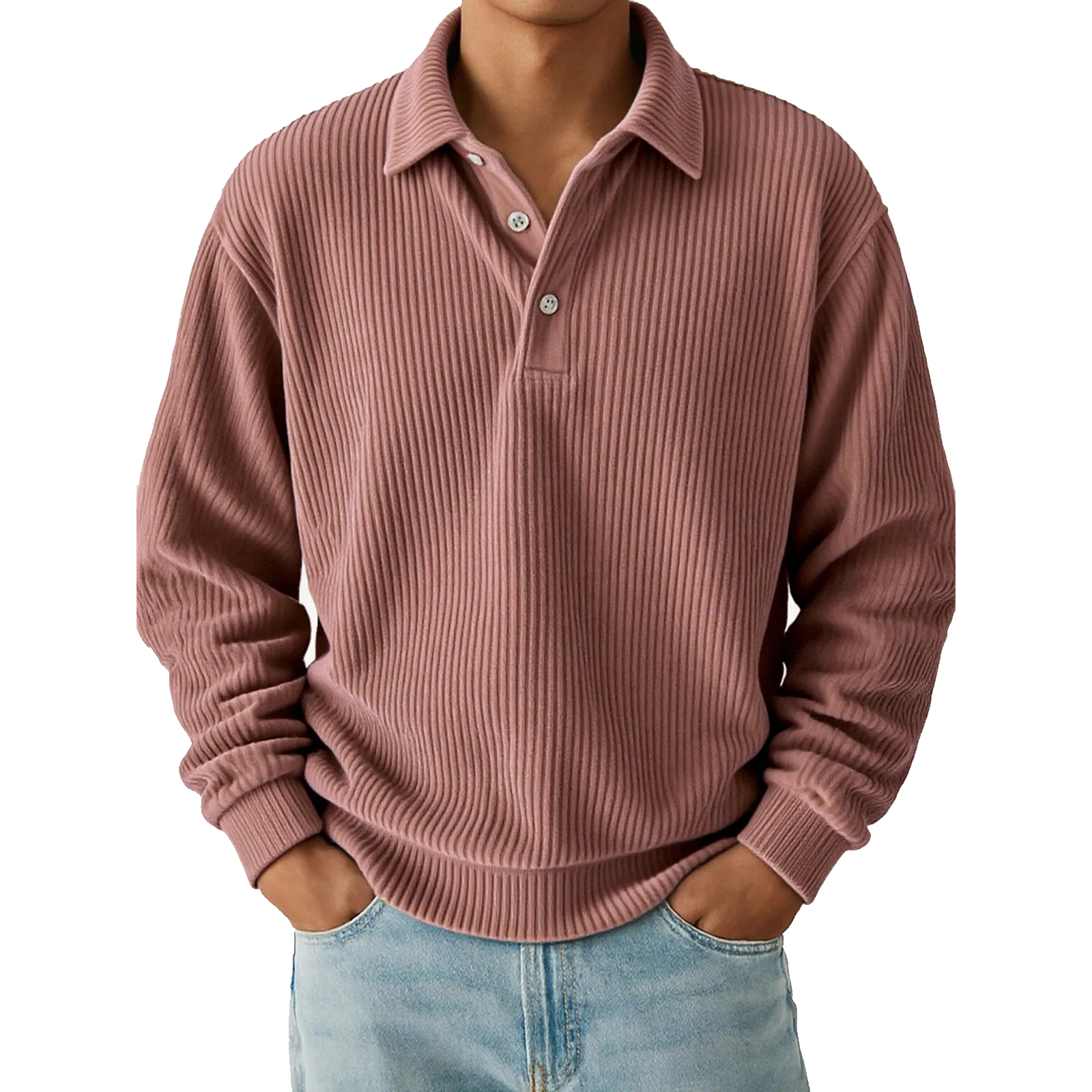 Men's Corduroy Textured Long Sleeve Polo Shirt