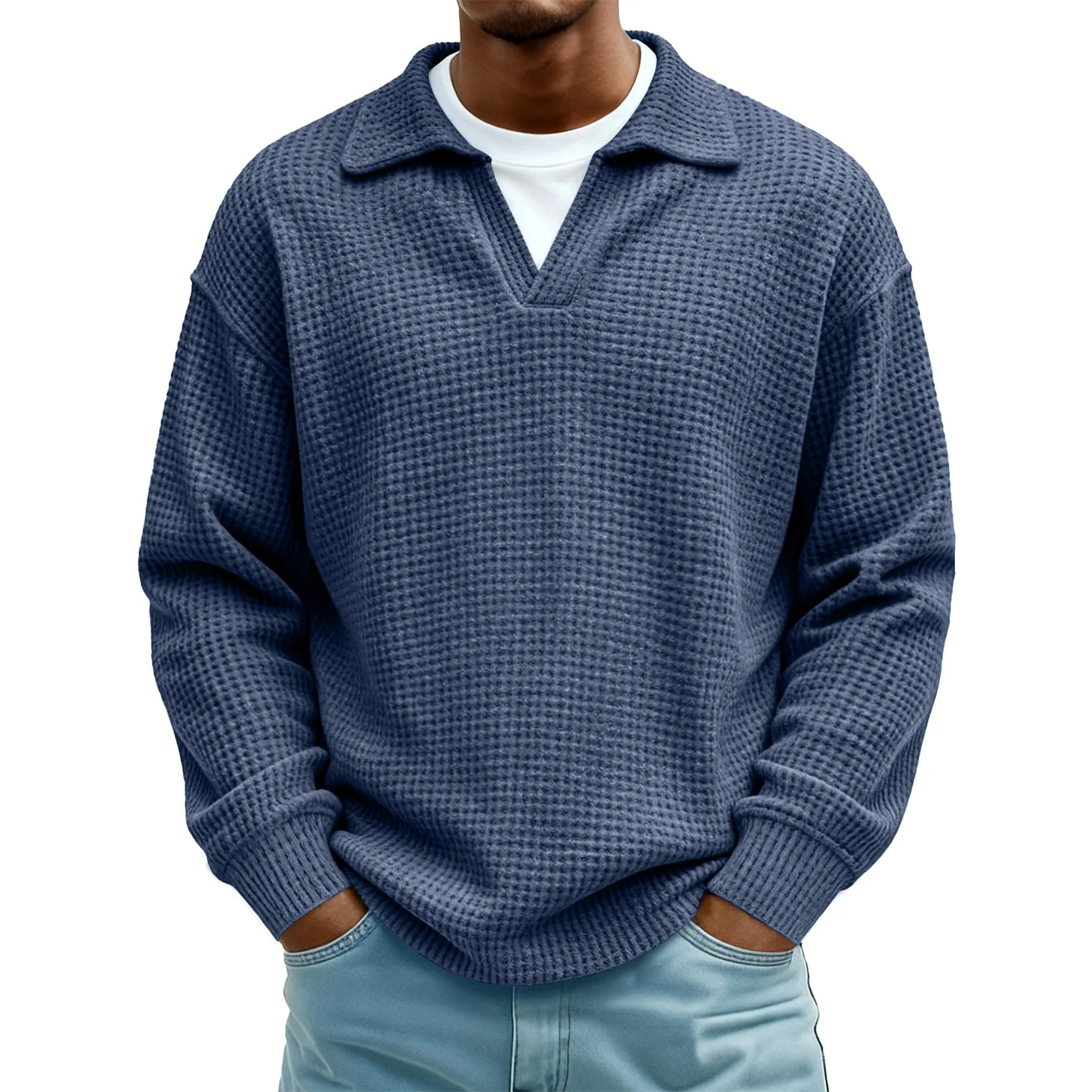 Men's Waffle Knit Long Sleeve Polo Sweater