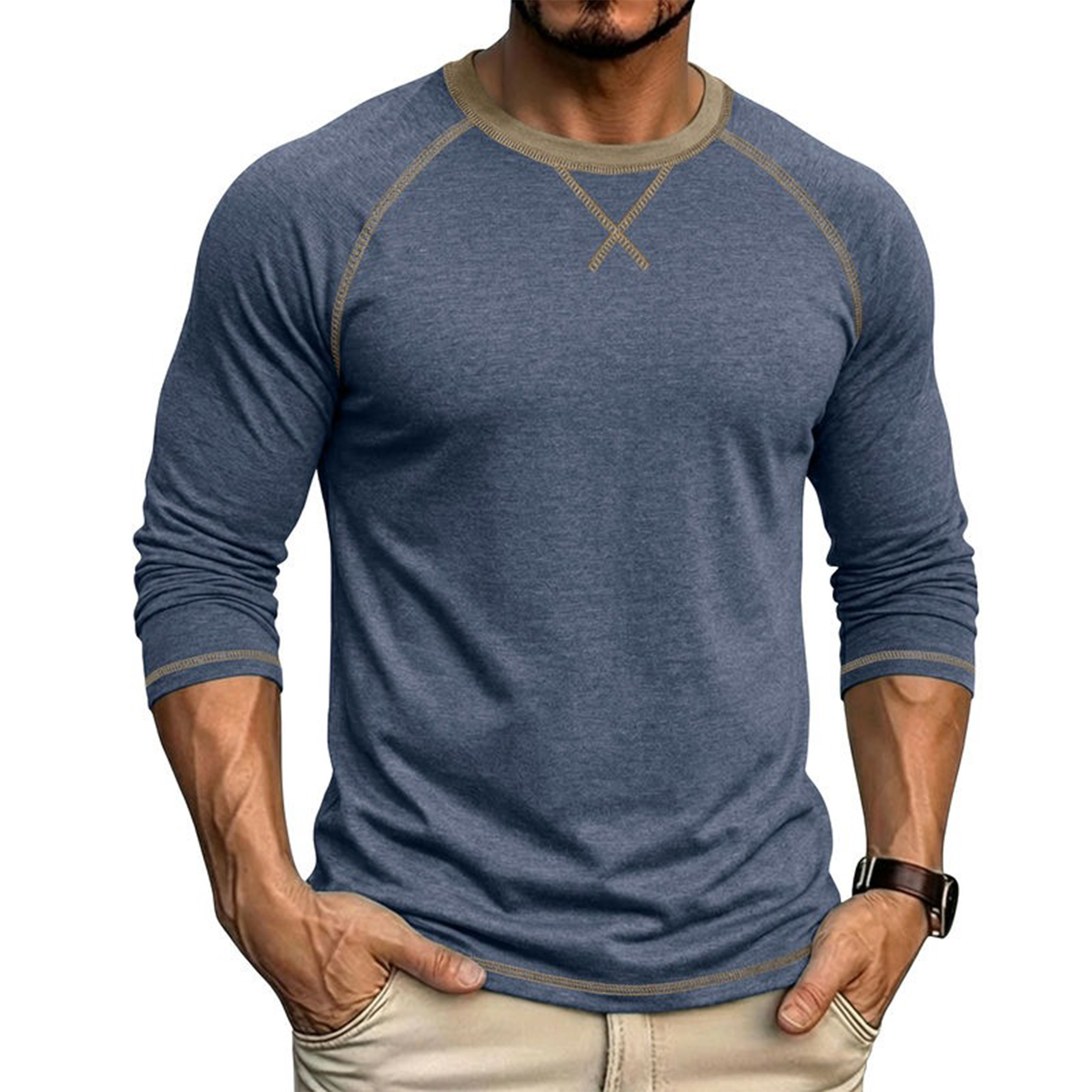Men's Contrast-Stitch Raglan Long Sleeve T-Shirt