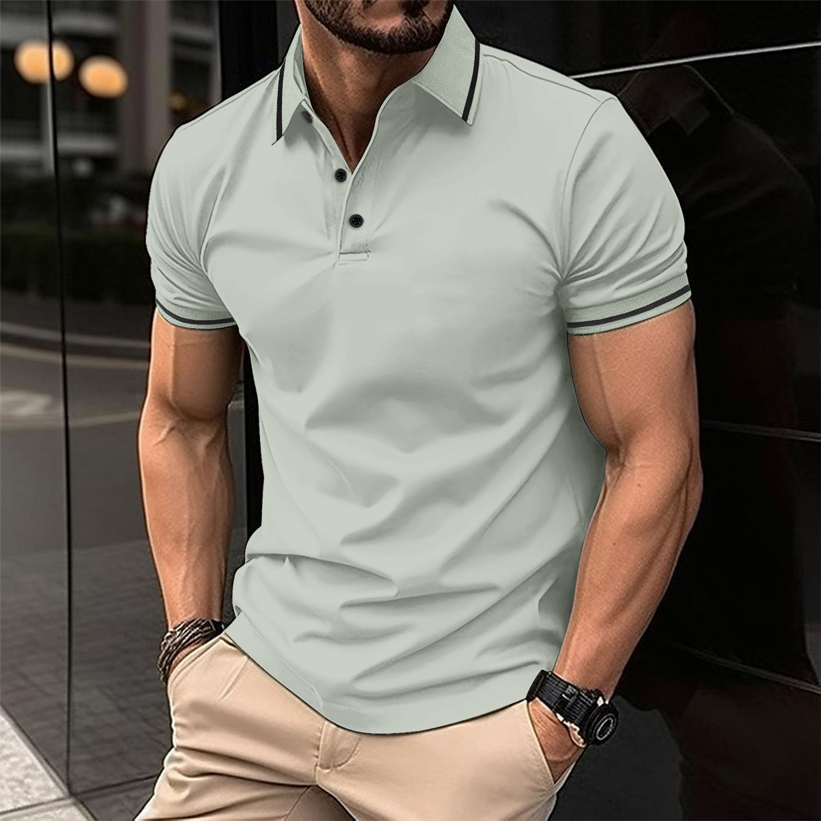Men's Solid Color Buttoned Ribbed Collar Short Sleeve Polo Shirt