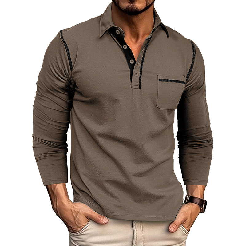 Men's Casual Long Sleeve Polo – American Style Color Block T-Shirt