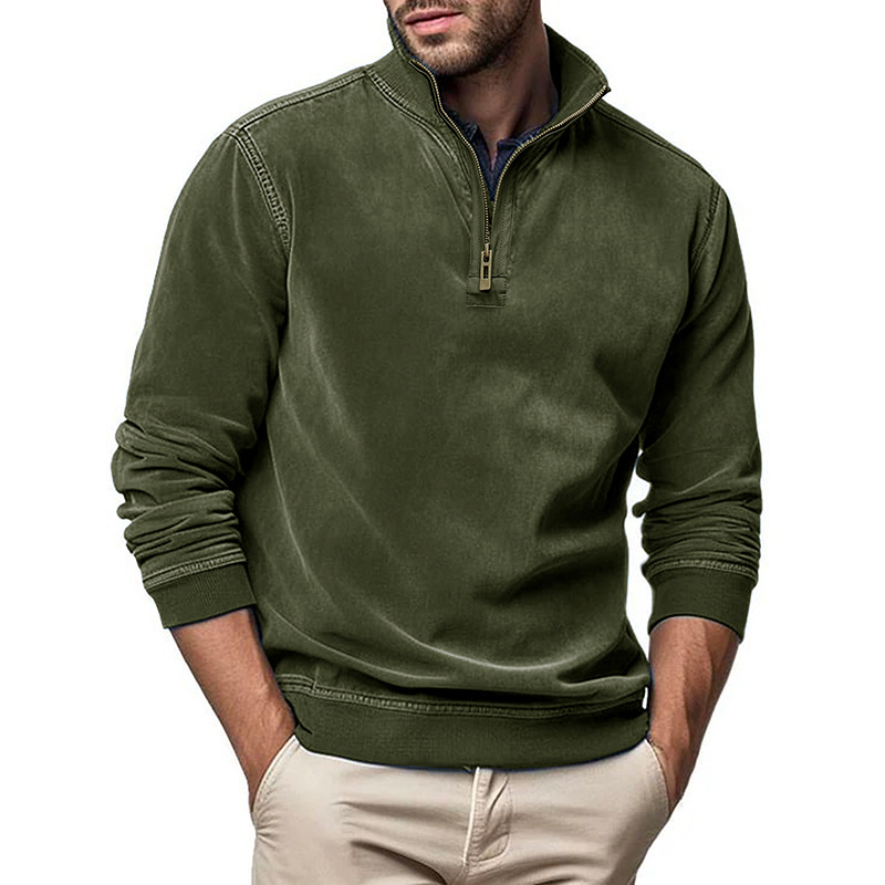 Men's Long Sleeve Zipper Stand Collar Henley Sweatshirt with Faux Leather Trim