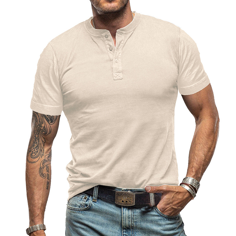 Men's Solid Color Crew Neck Short Sleeve Henley T-Shirt