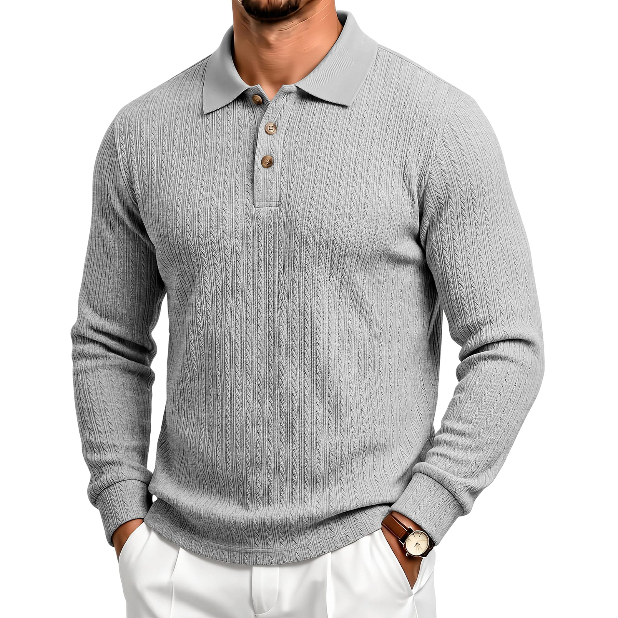 Men's Textured Jacquard Long Sleeve Polo Shirt